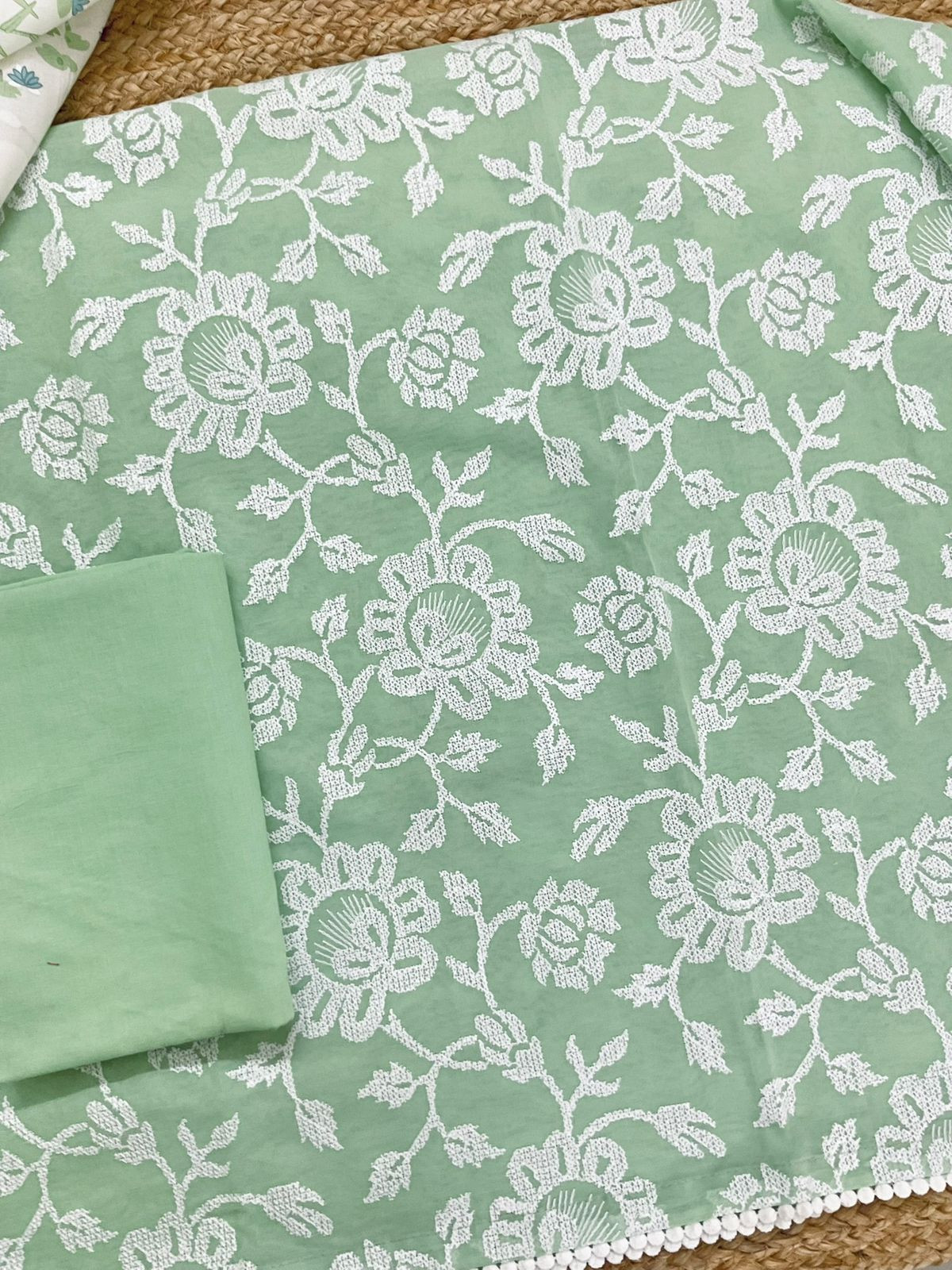 Pure Cotton Printed Embroidered Suit - Green