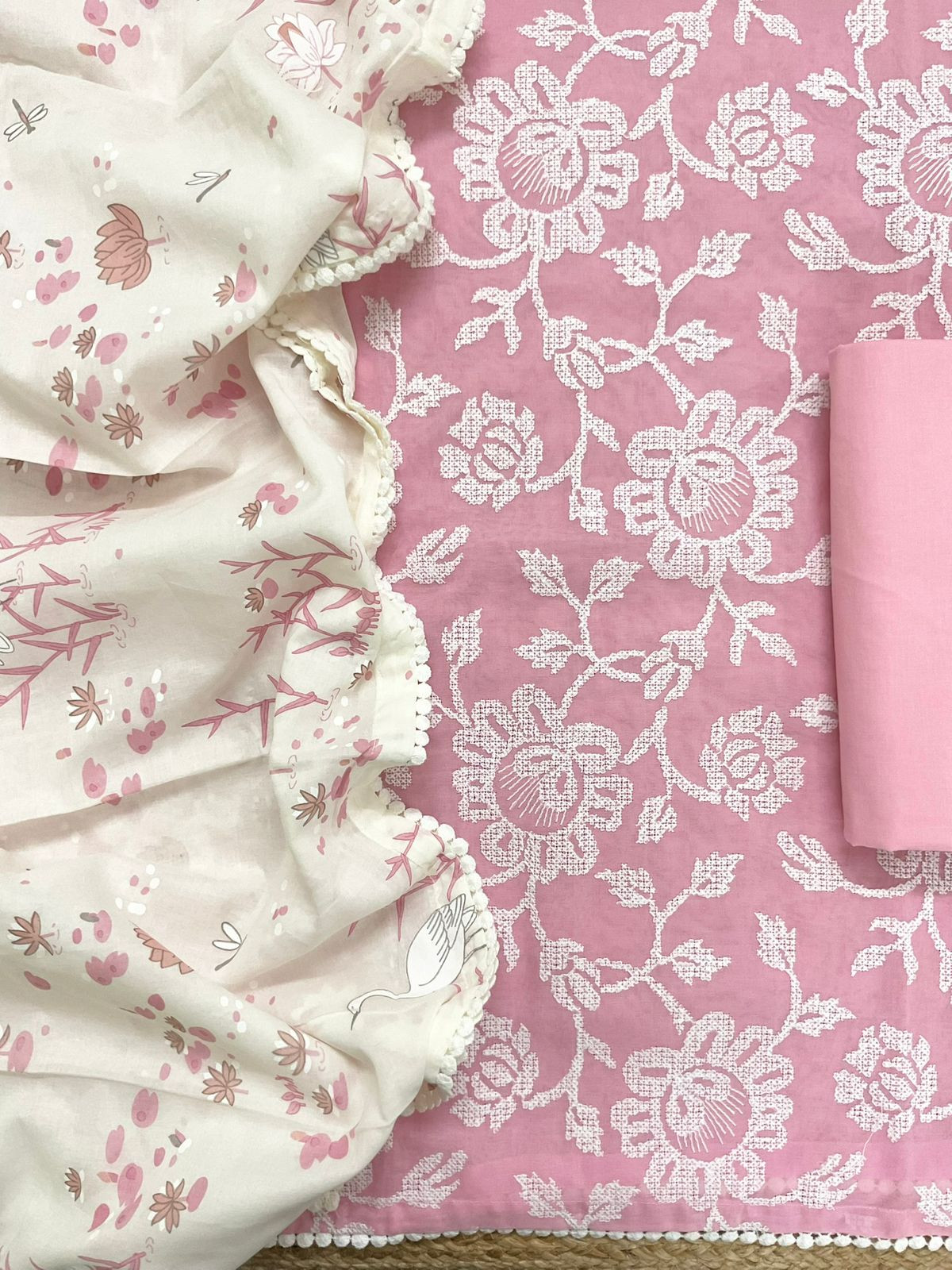Pure Cotton Printed Embroidered Suit - Pink