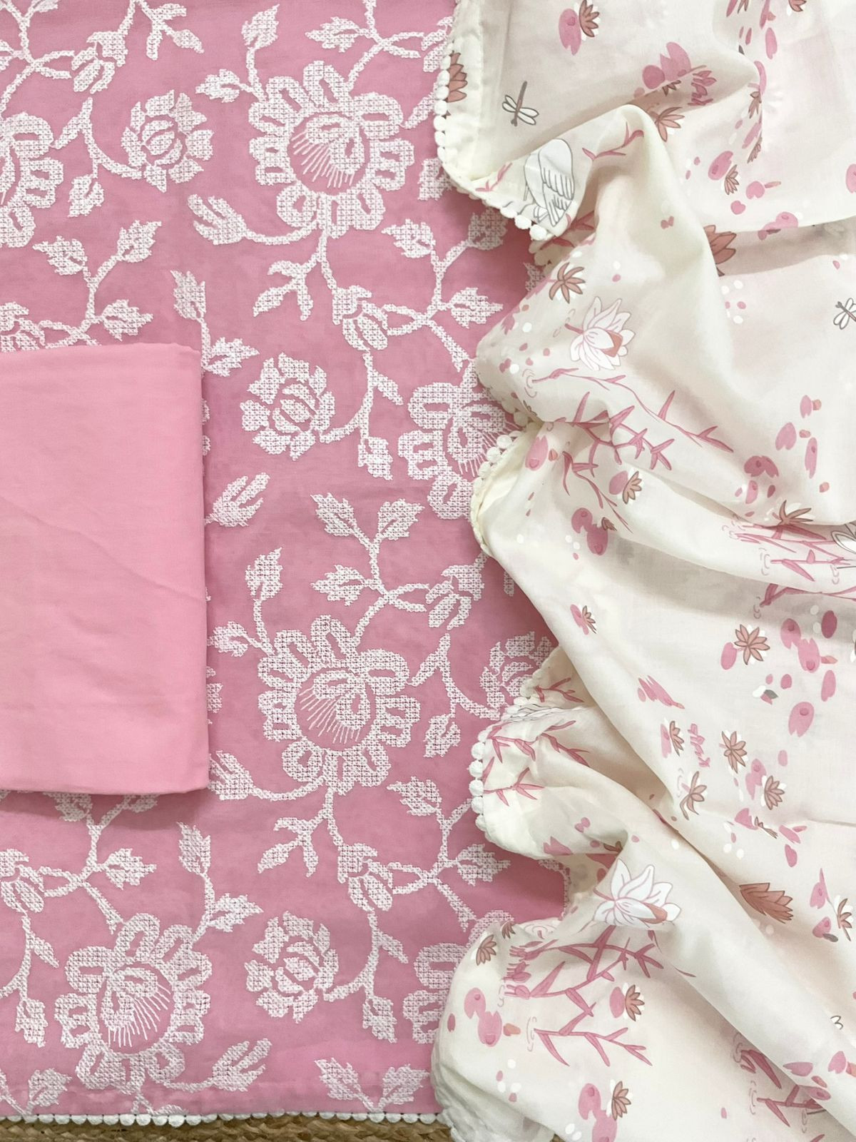 Pure Cotton Printed Embroidered Suit - Pink