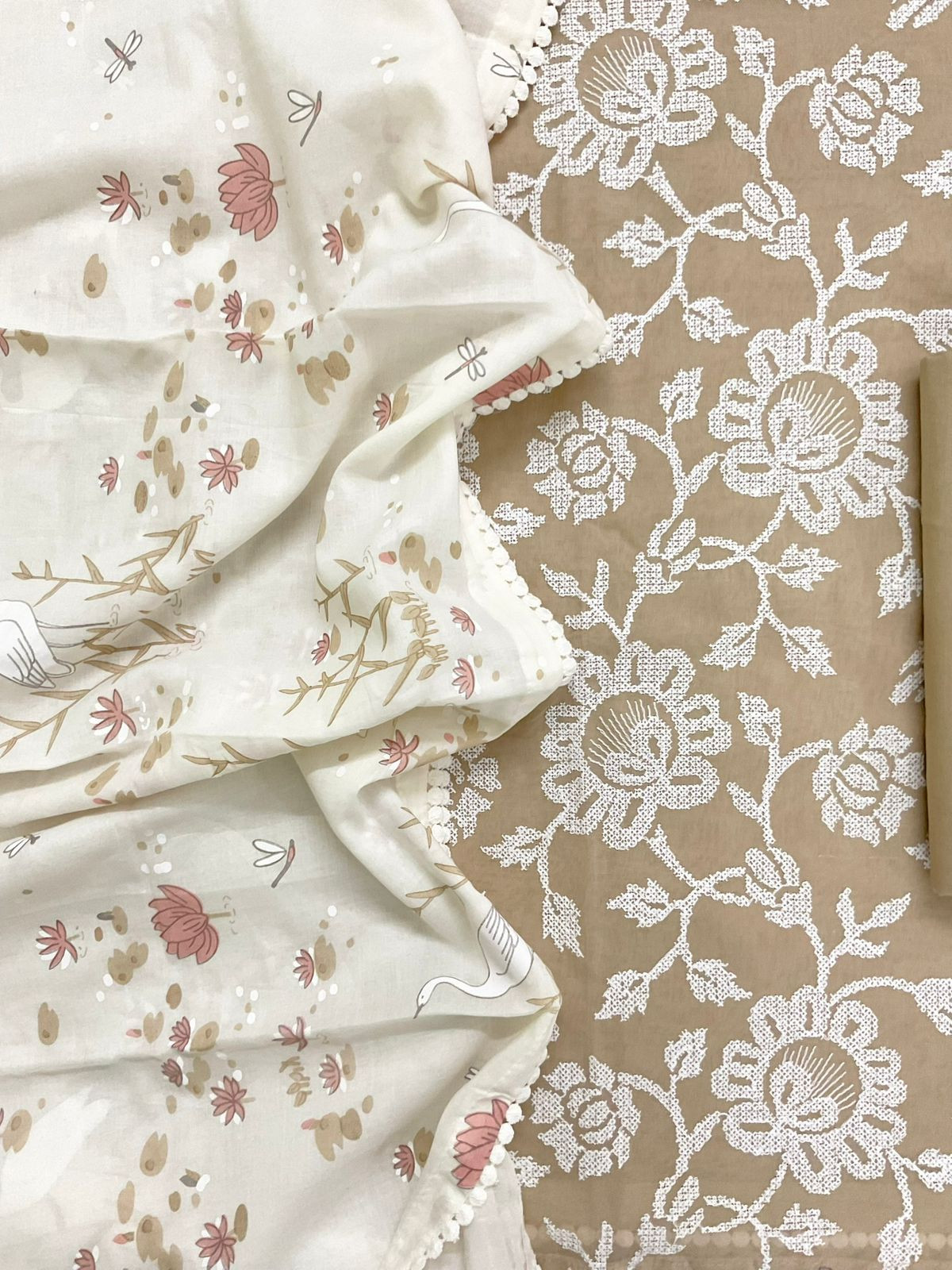 Pure Cotton Printed Embroidered Suit - Beige