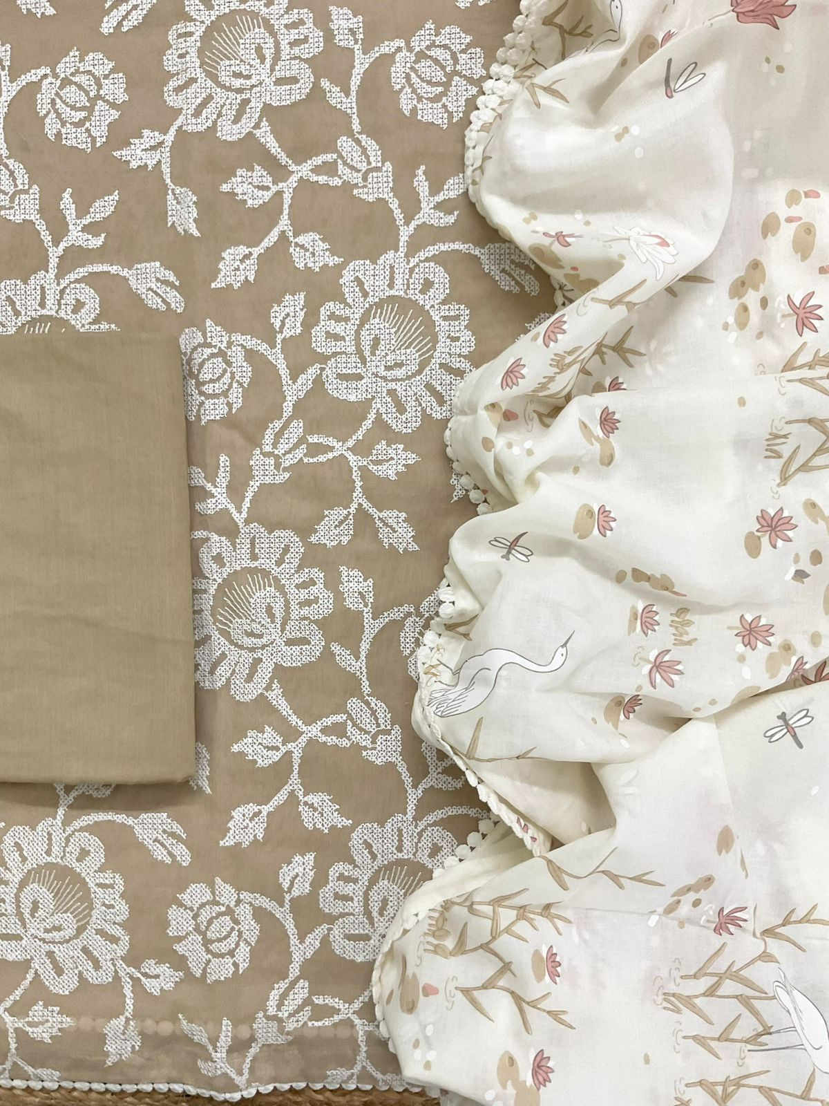 Pure Cotton Printed Embroidered Suit - Beige