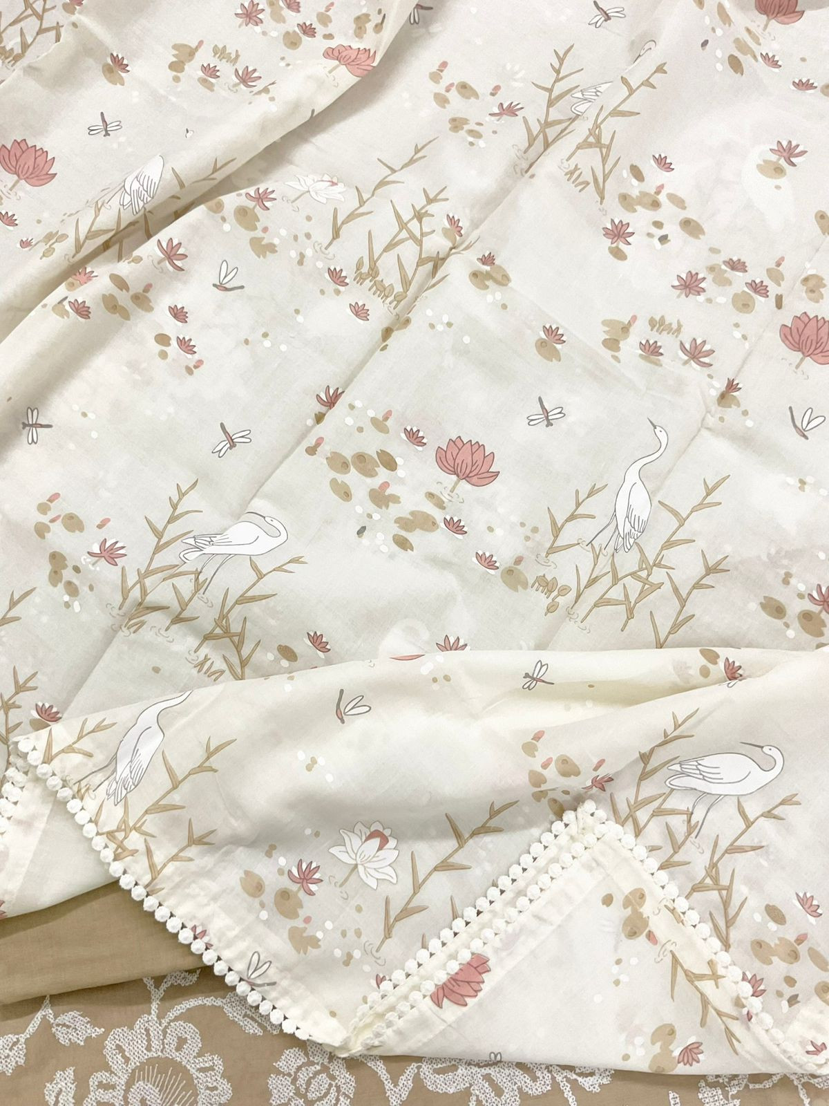 Pure Cotton Printed Embroidered Suit - Beige