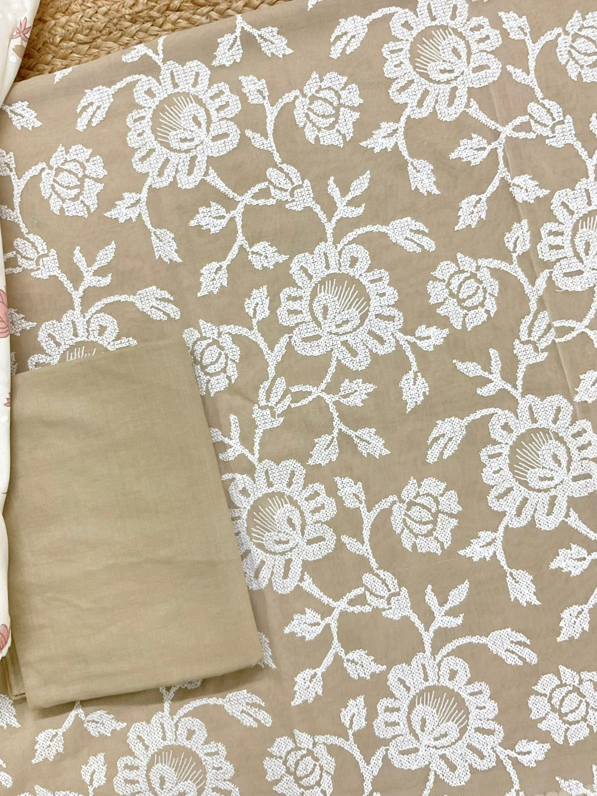 Pure Cotton Printed Embroidered Suit - Beige