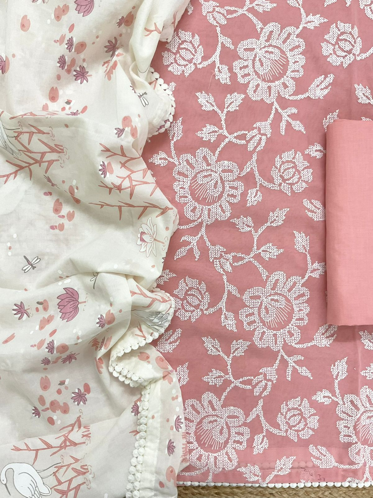 Pure Cotton Printed Embroidered Suit - Peach