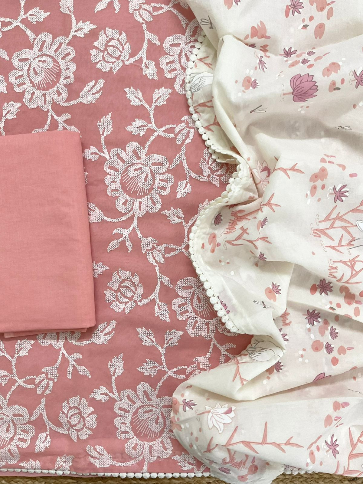 Pure Cotton Printed Embroidered Suit - Peach