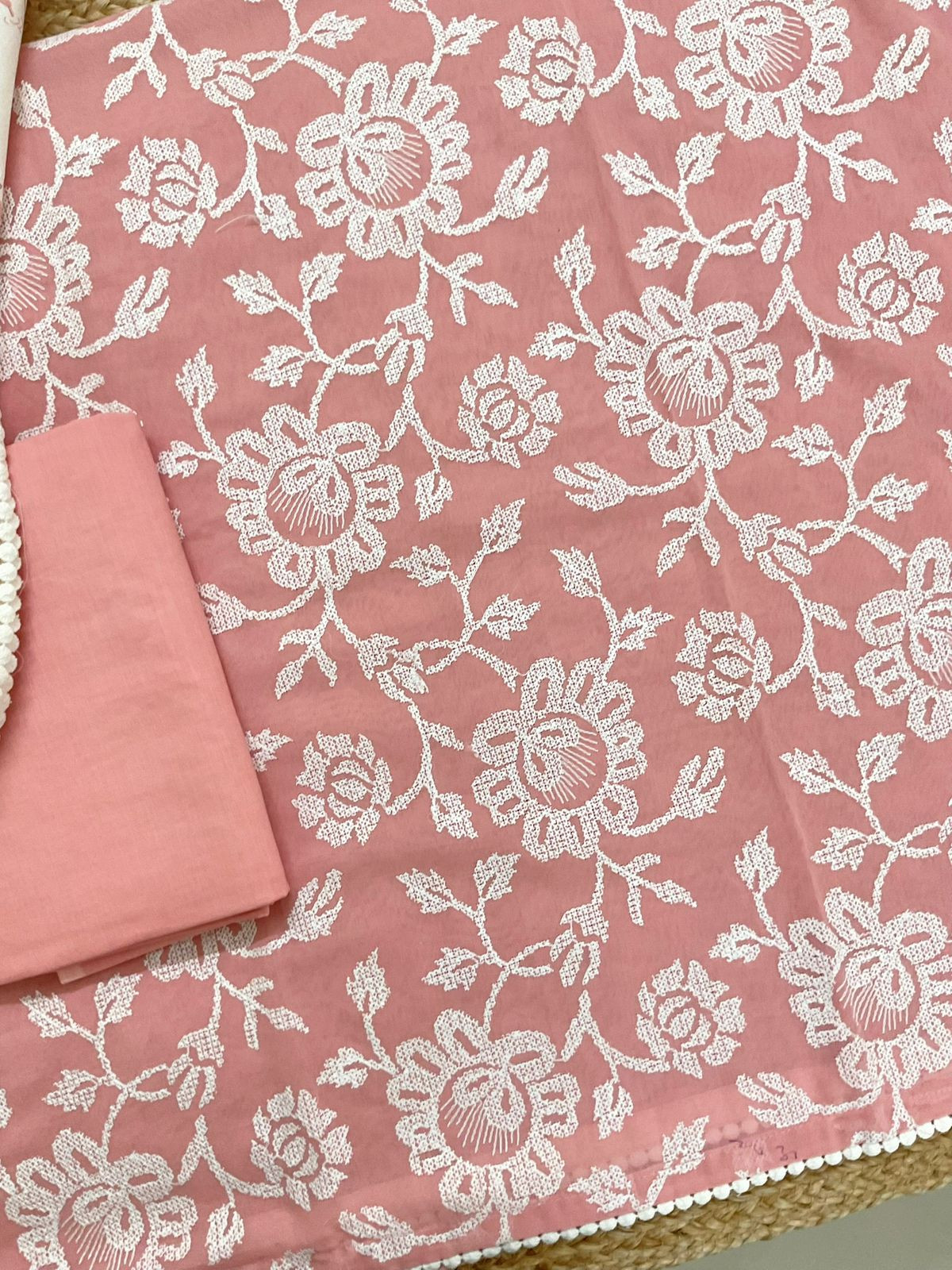 Pure Cotton Printed Embroidered Suit - Peach