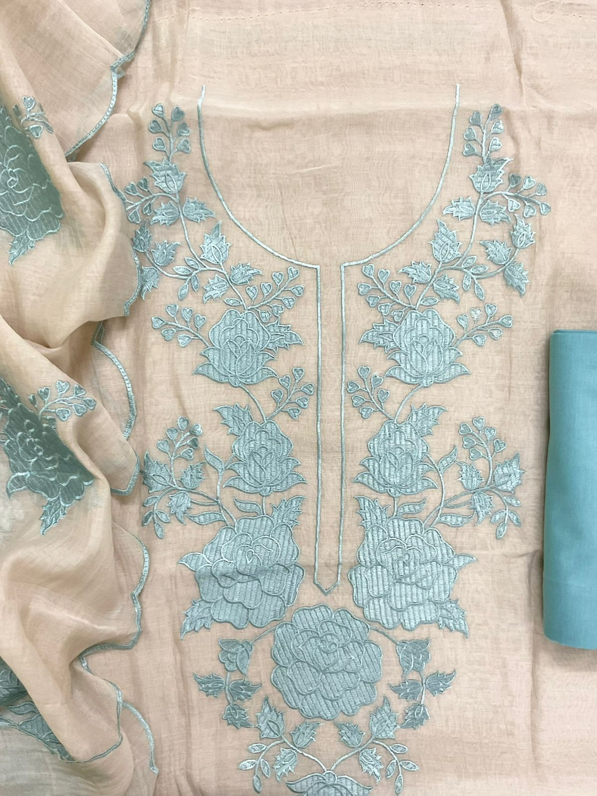 Pure Chanderi Embroidered Suit - Cream