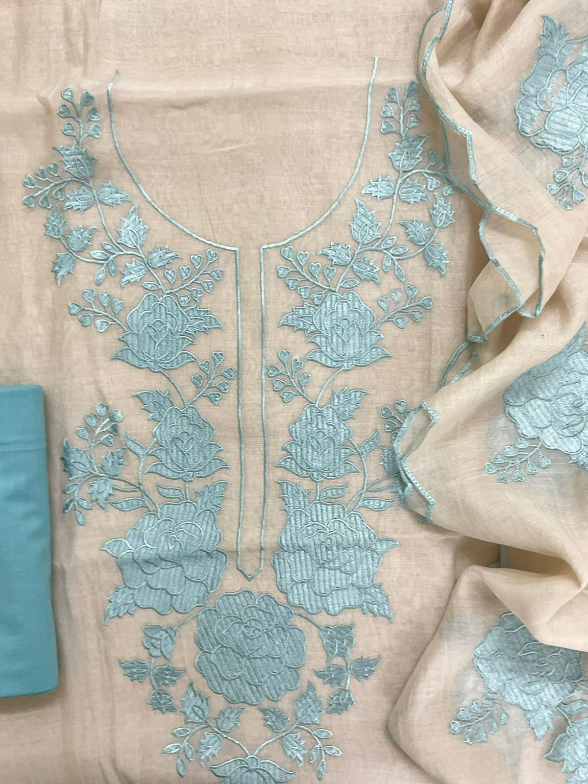 Pure Chanderi Embroidered Suit - Cream