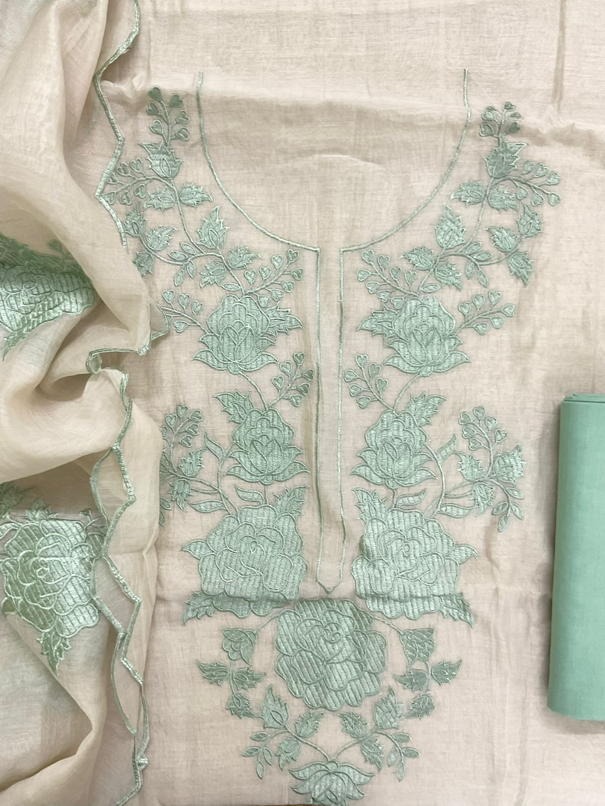 Pure Chanderi Embroidered Suit - Cream