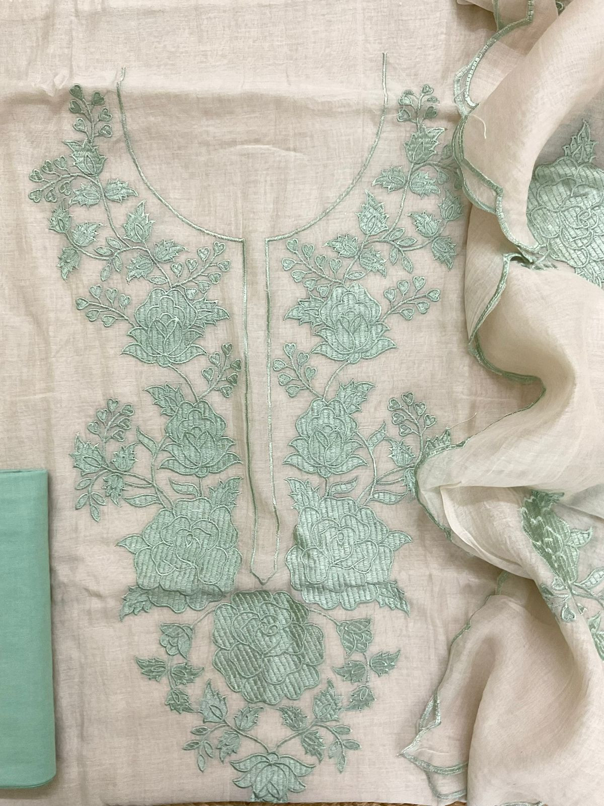 Pure Chanderi Embroidered Suit - Cream