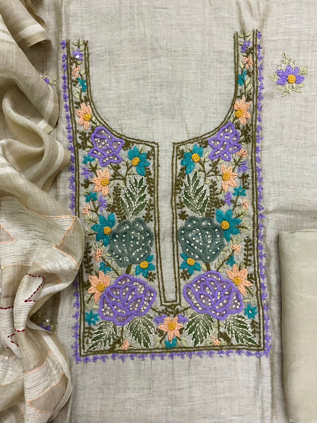 Soft Slub Chanderi Jamdani Weaved Embroidered Suit - Beige