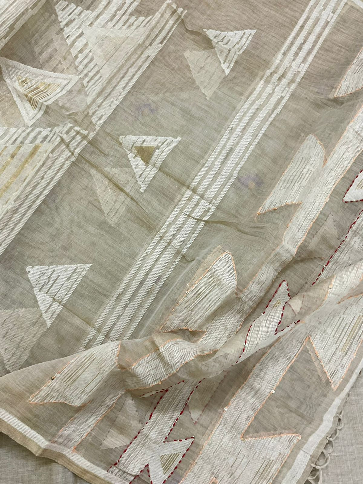Soft Slub Chanderi Jamdani Weaved Embroidered Suit - Beige