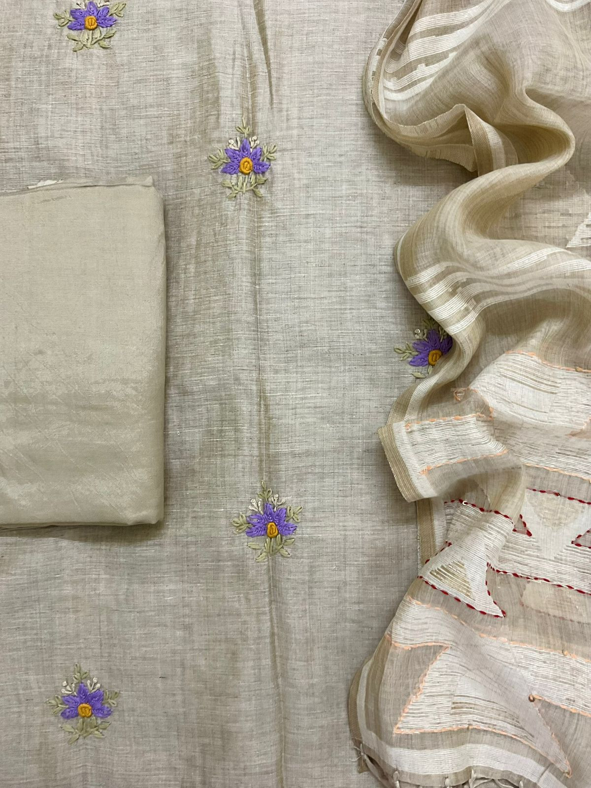 Soft Slub Chanderi Jamdani Weaved Embroidered Suit - Beige
