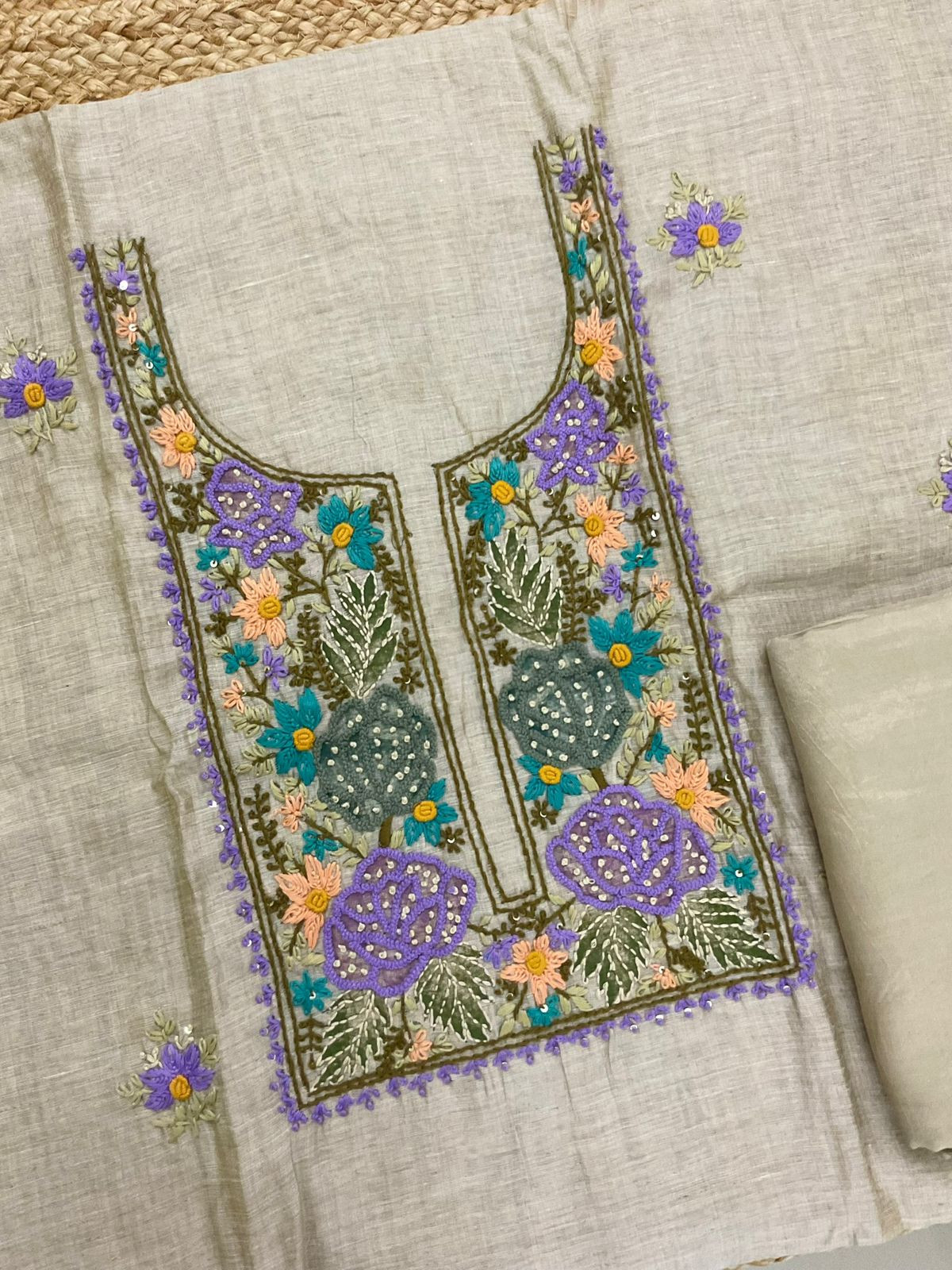 Soft Slub Chanderi Jamdani Weaved Embroidered Suit - Beige