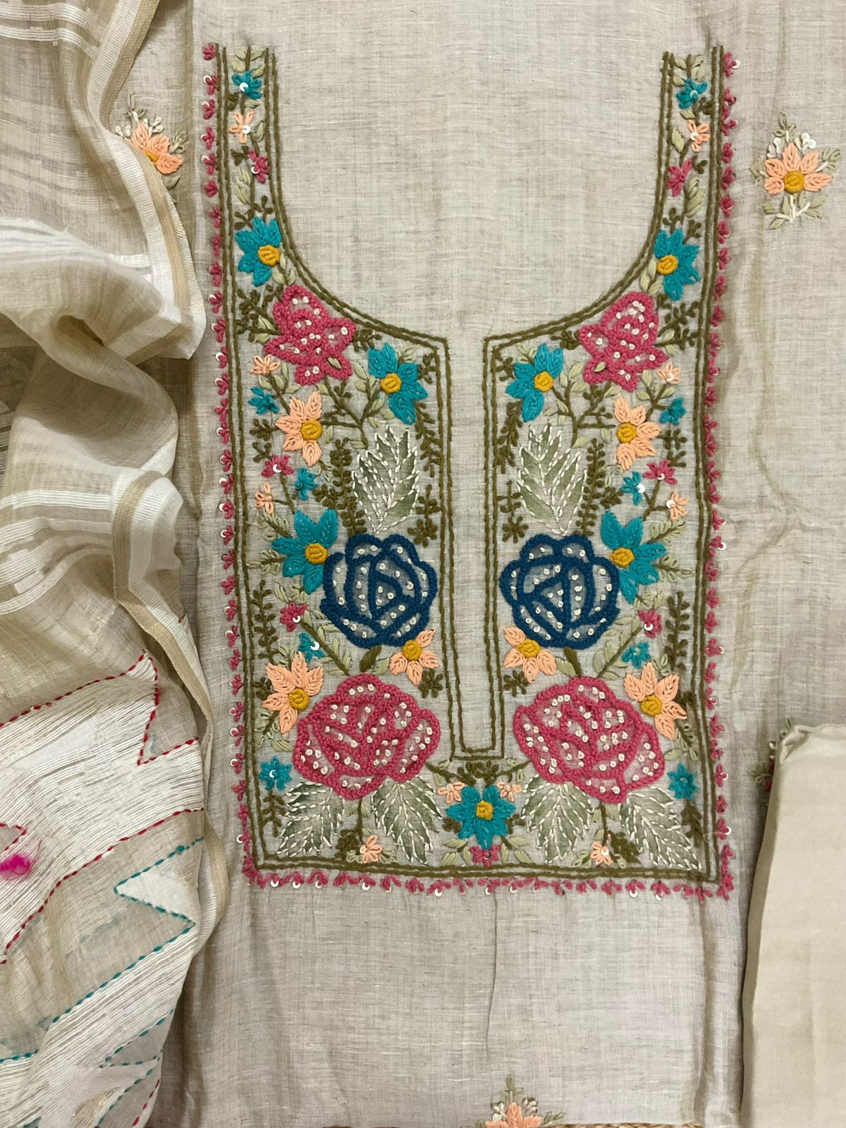 Soft Slub Chanderi Jamdani Weaved Embroidered Suit - Beige