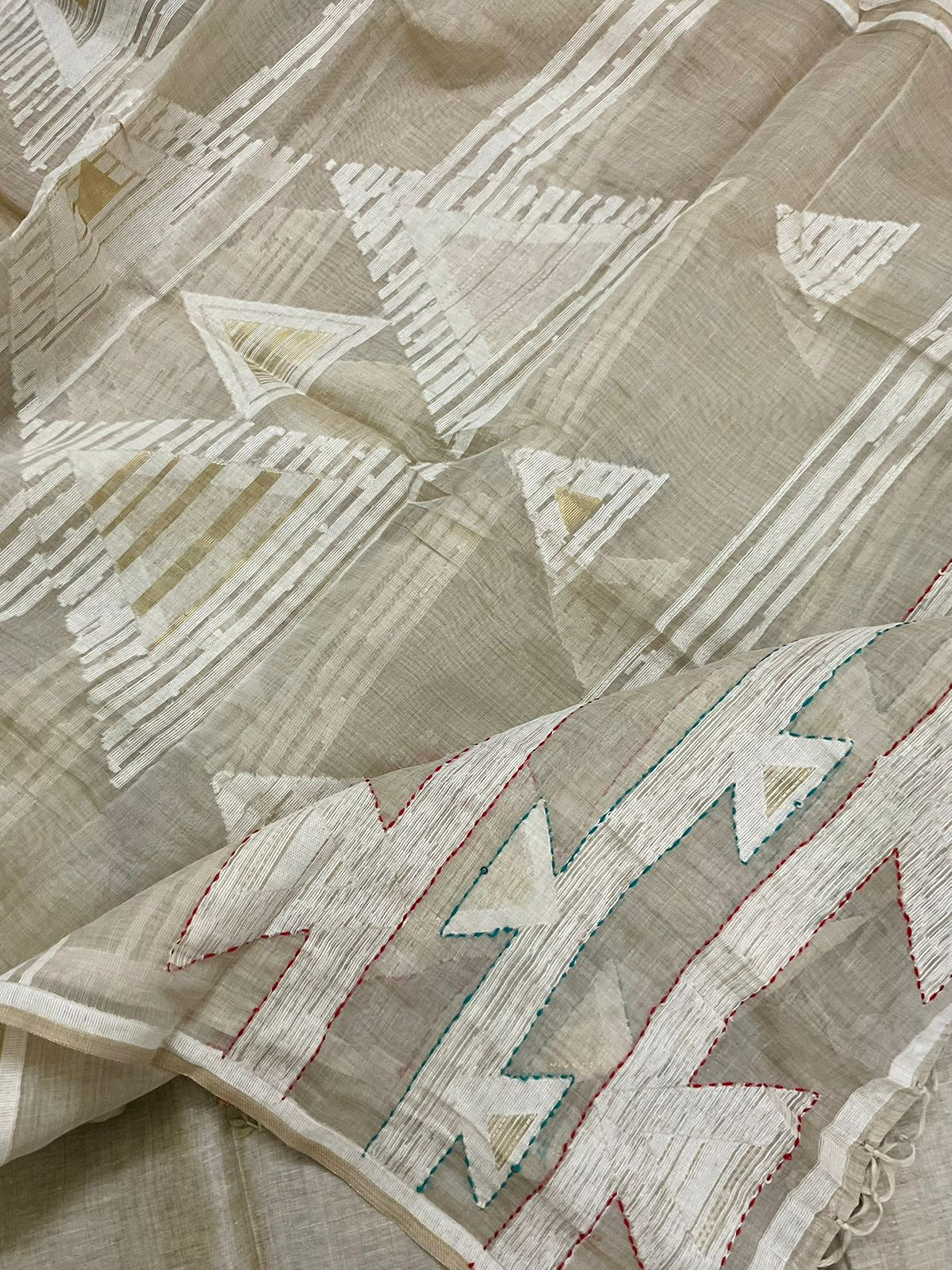 Soft Slub Chanderi Jamdani Weaved Embroidered Suit - Beige