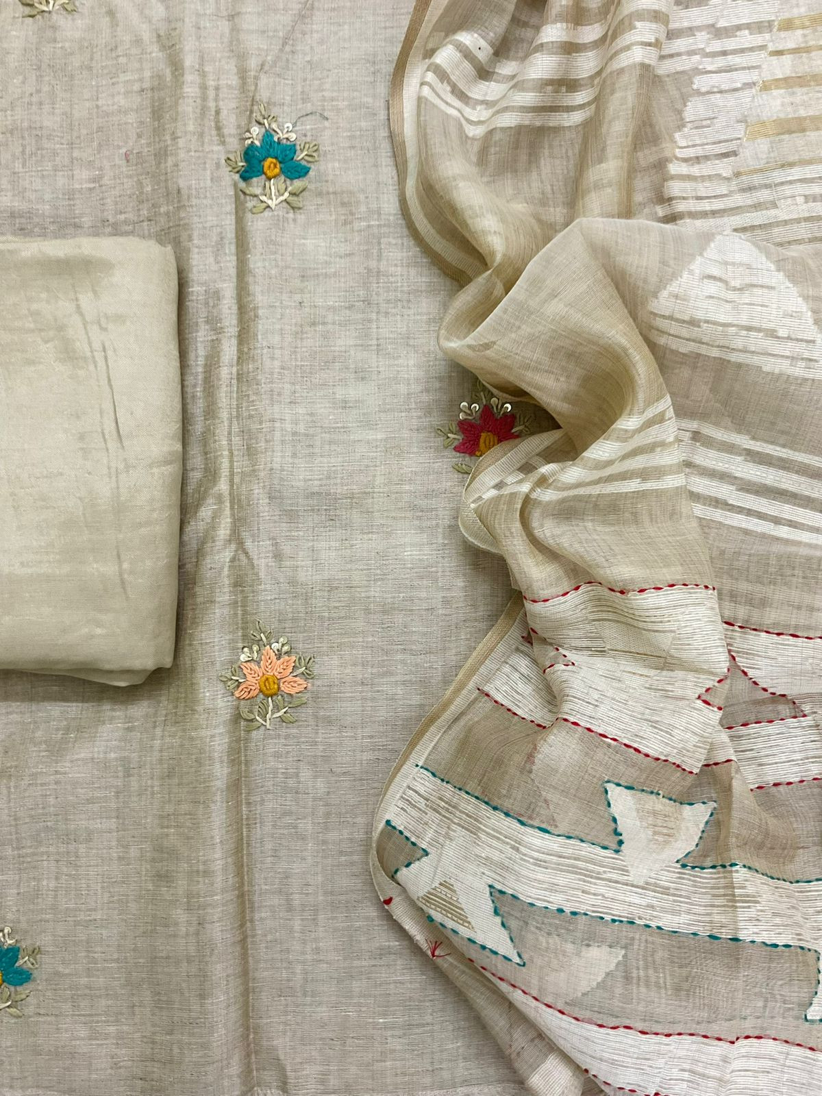 Soft Slub Chanderi Jamdani Weaved Embroidered Suit - Beige
