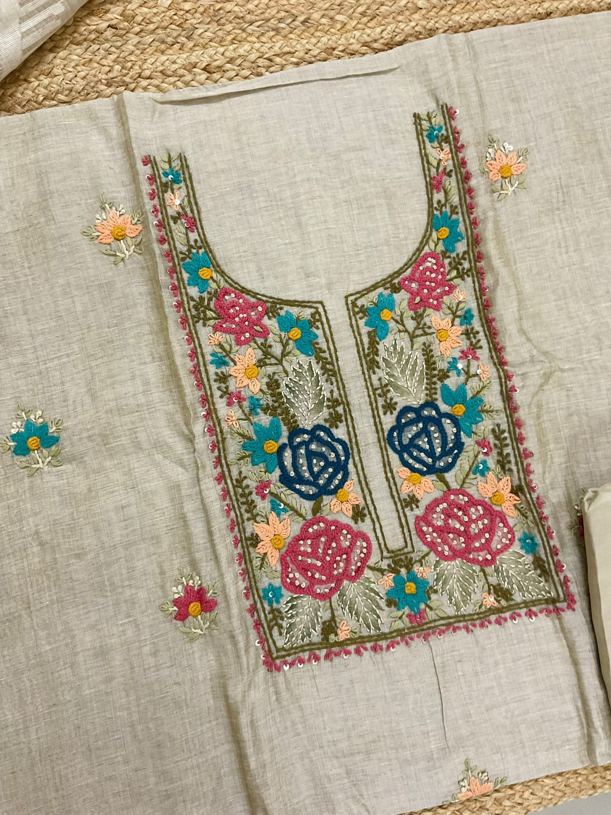 Soft Slub Chanderi Jamdani Weaved Embroidered Suit - Beige