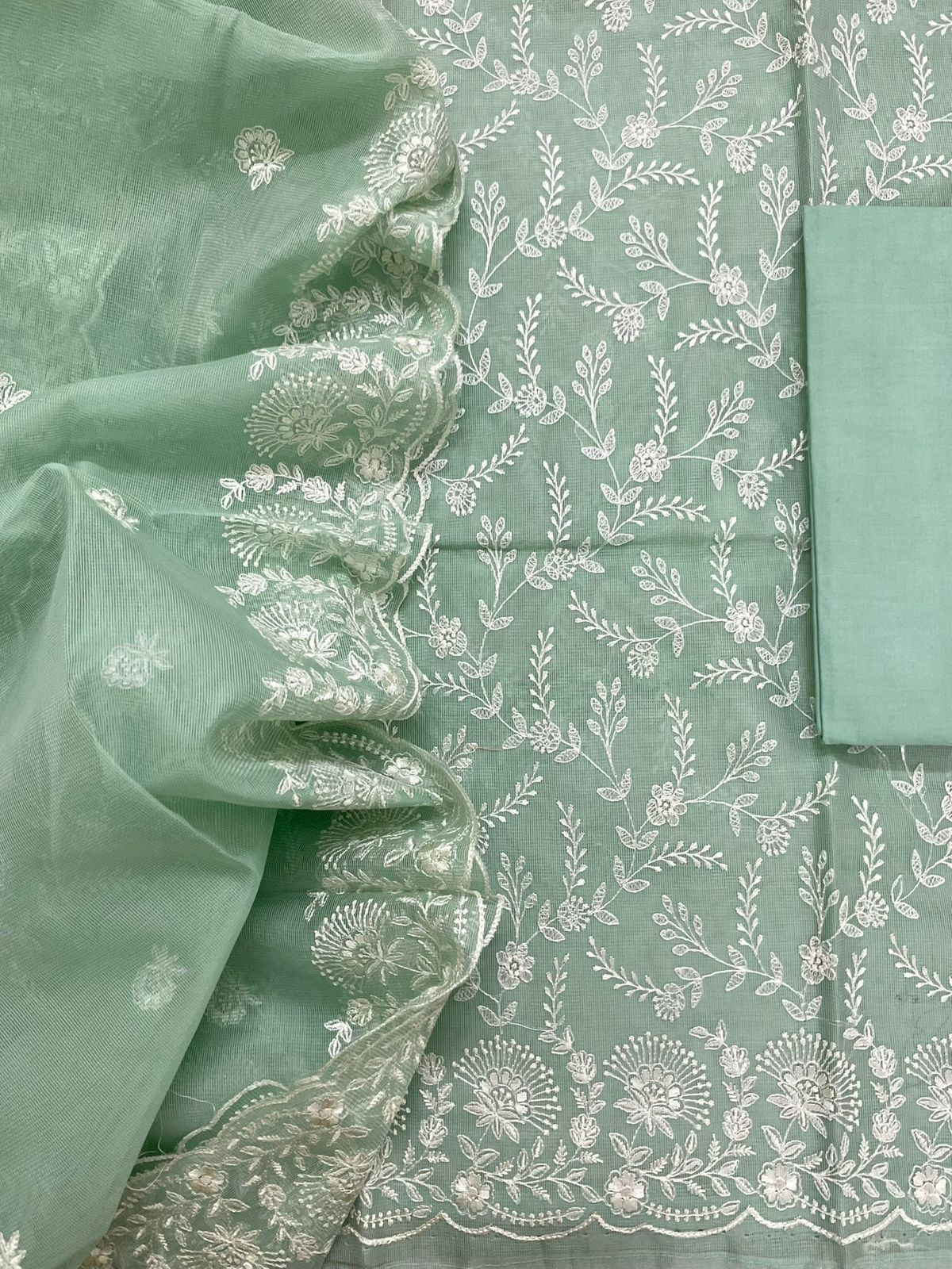 Soft Fine Supernet Embroidered Suit - Green