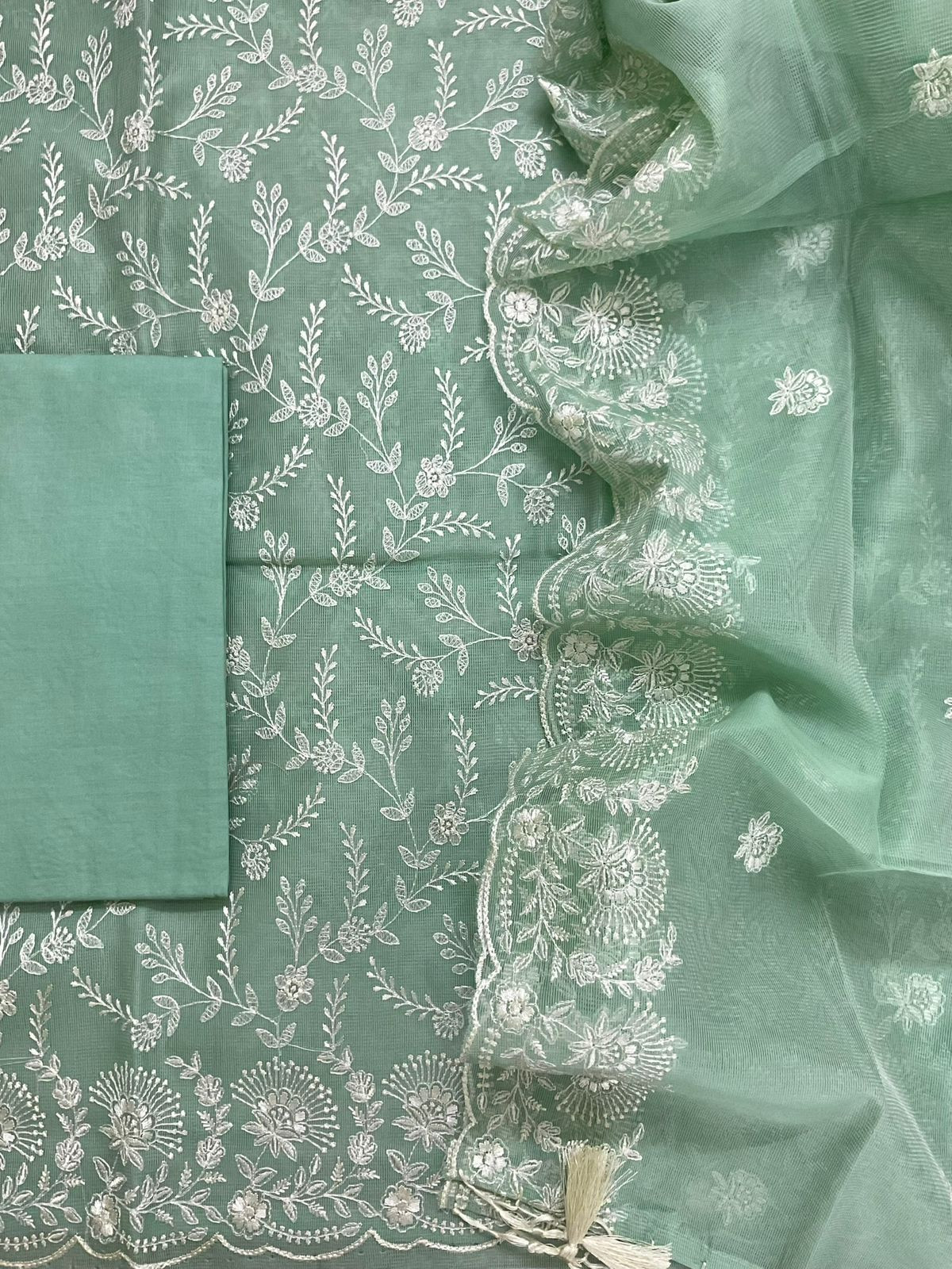 Soft Fine Supernet Embroidered Suit - Green
