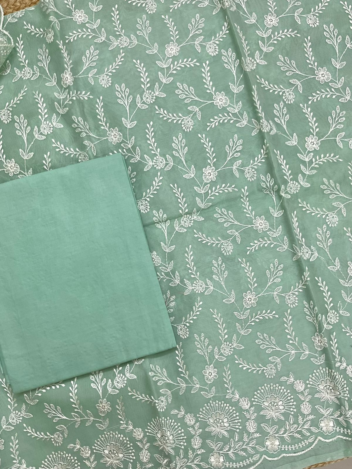 Soft Fine Supernet Embroidered Suit - Green