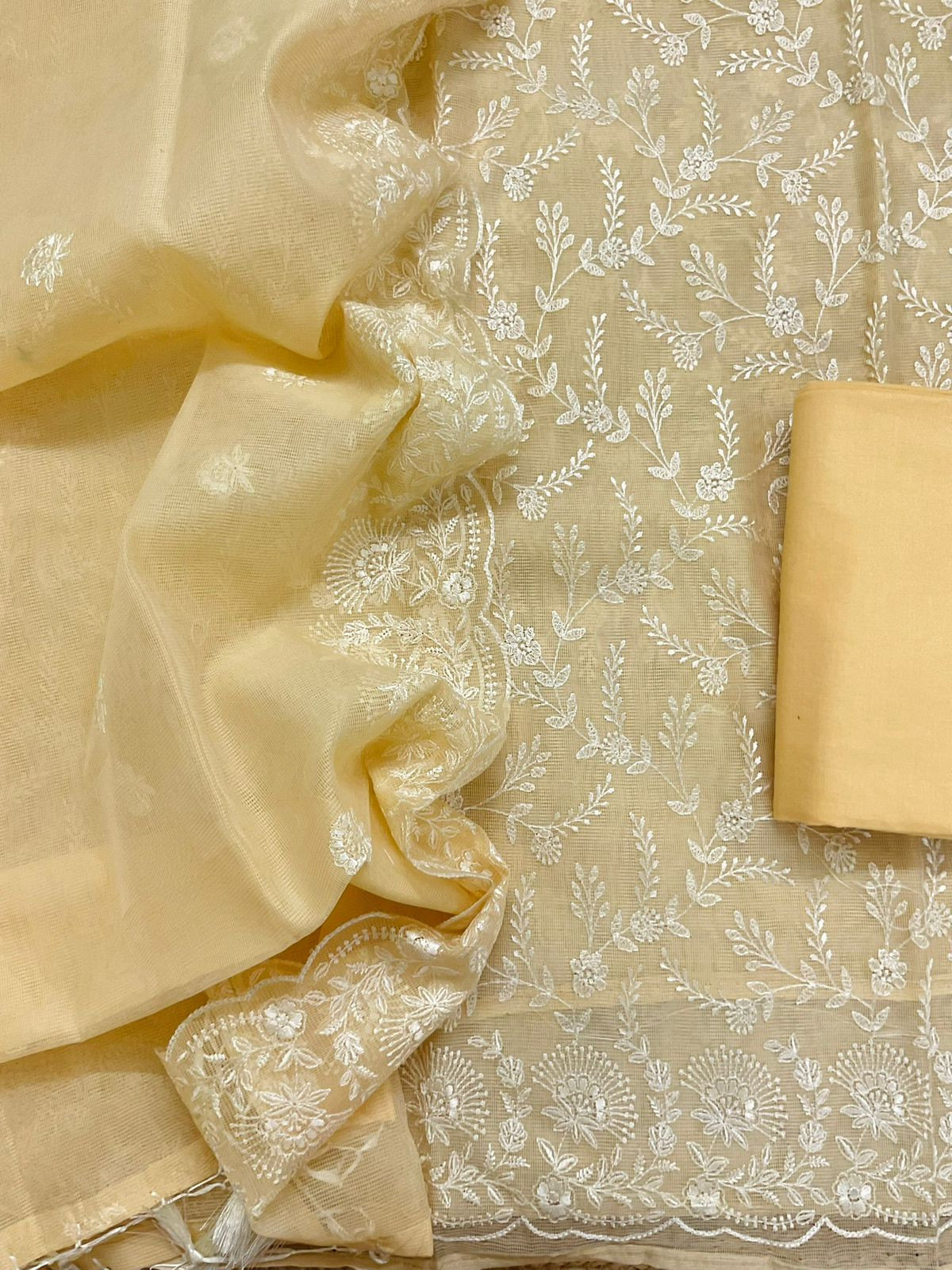 Soft Fine Supernet Embroidered Suit - Yellow