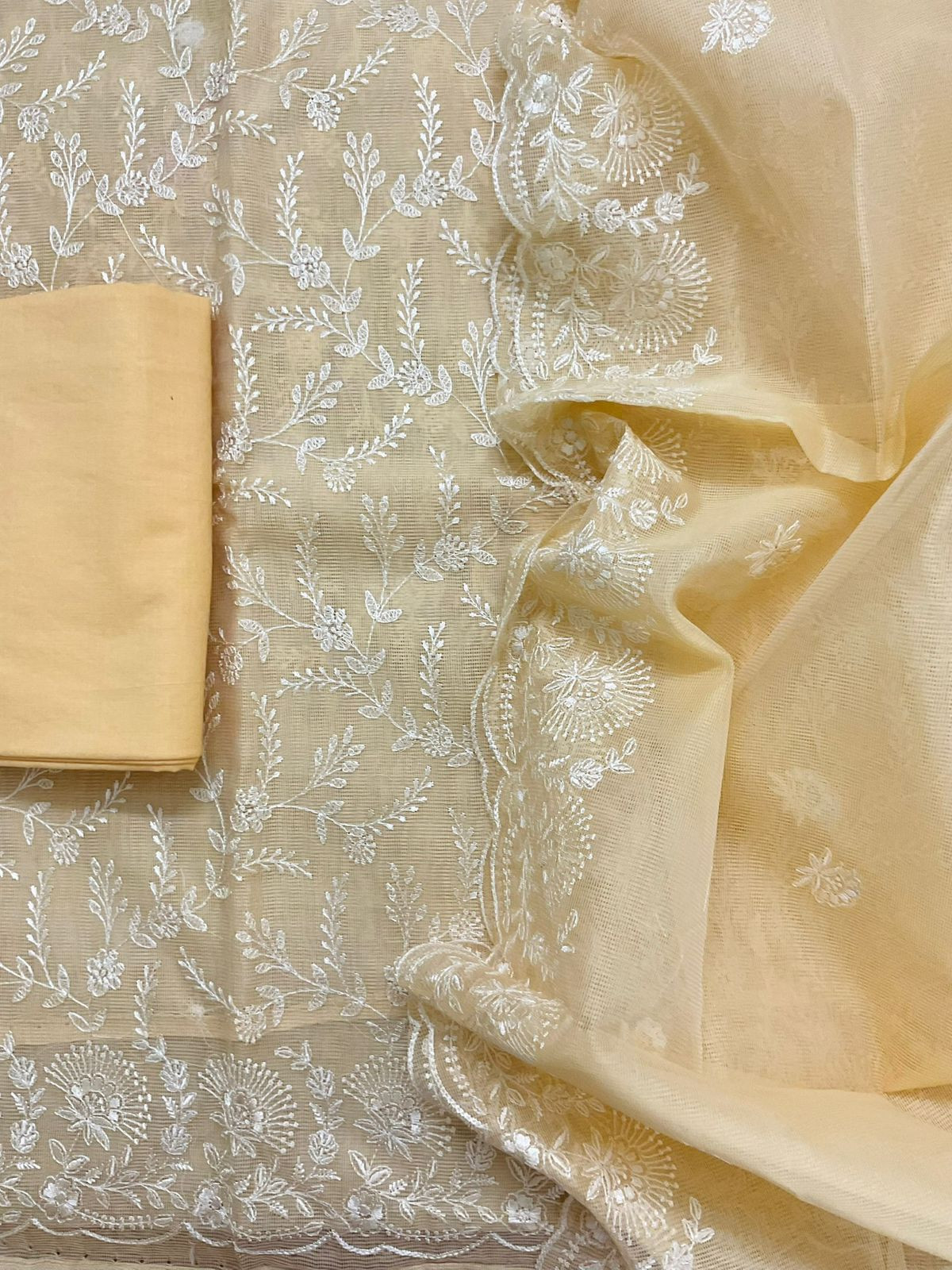 Soft Fine Supernet Embroidered Suit - Yellow