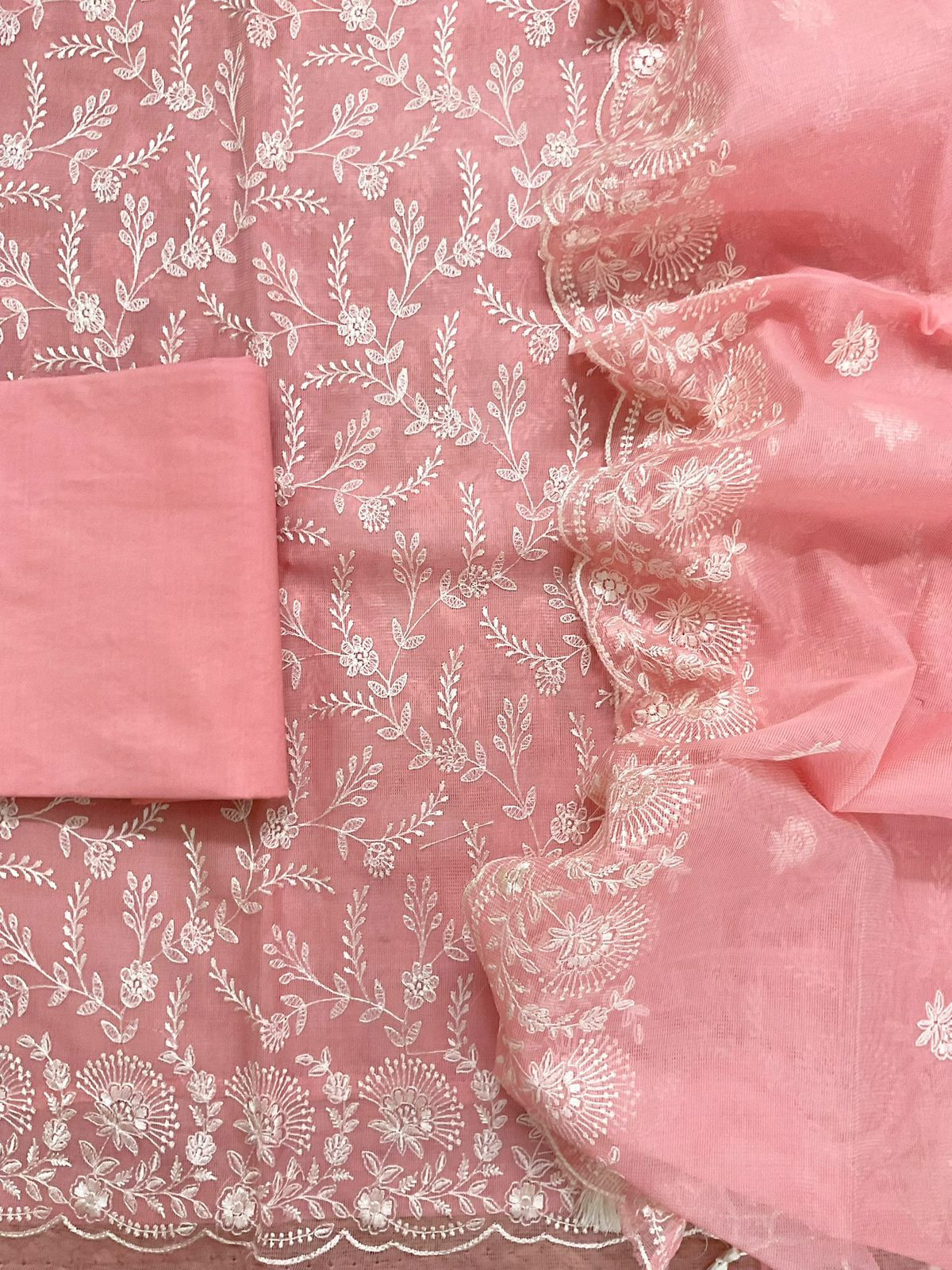 Soft Fine Supernet Embroidered Suit - Peach