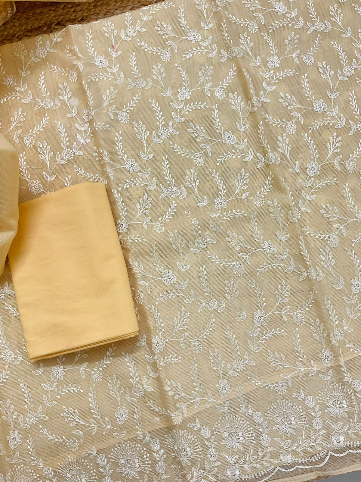 Soft Fine Supernet Embroidered Suit - Yellow