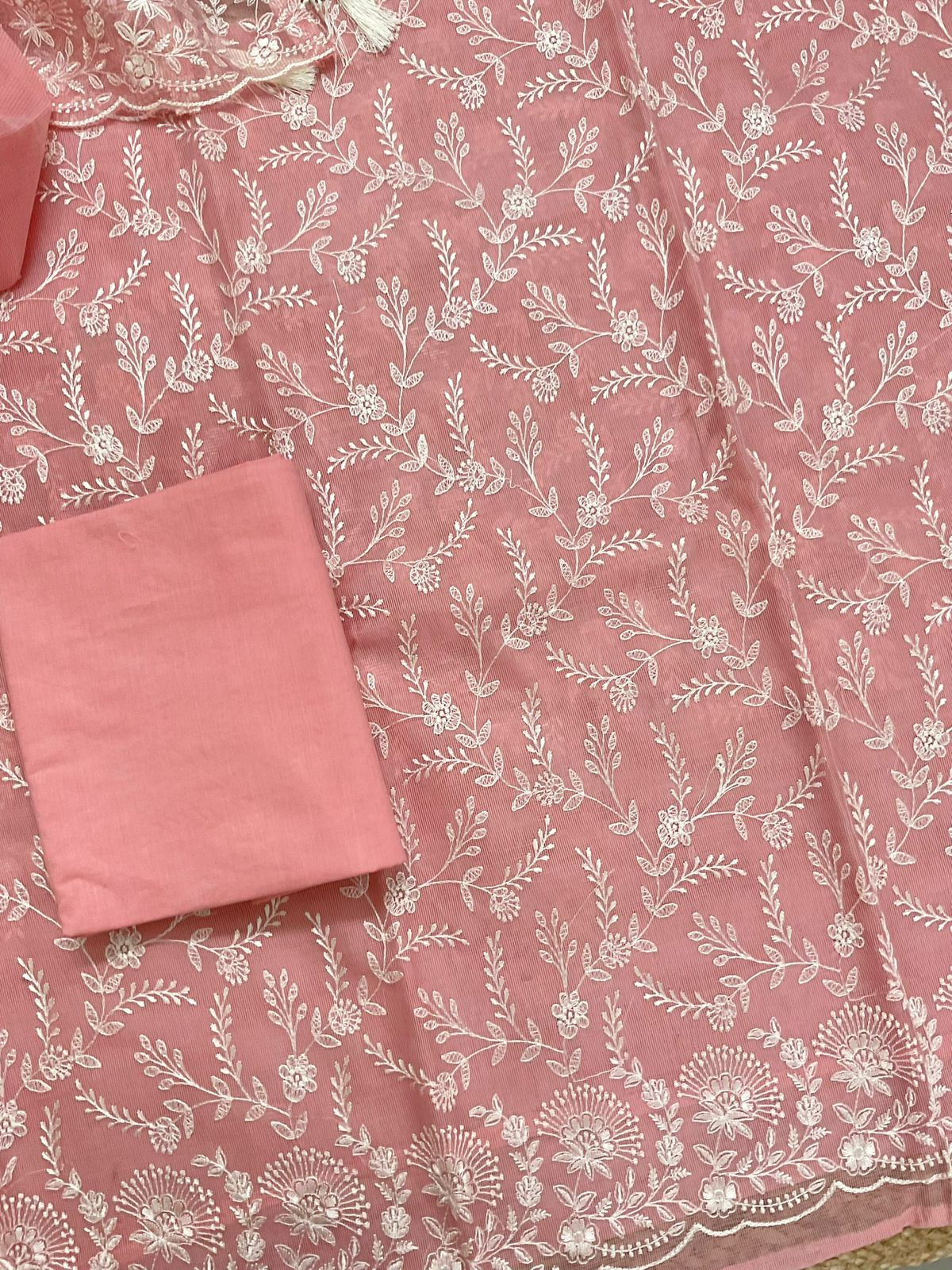 Soft Fine Supernet Embroidered Suit - Peach