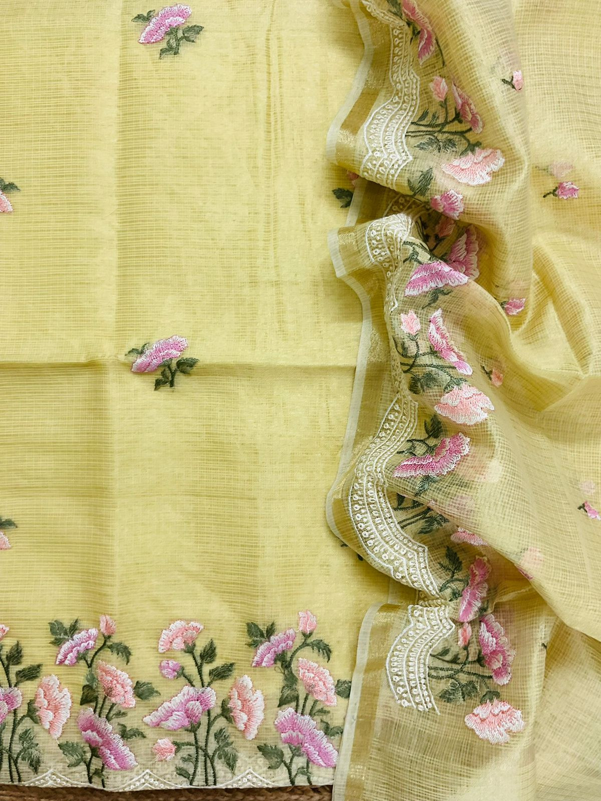 Soft Tissue Kota Silk Embroidered Suit - Yellow