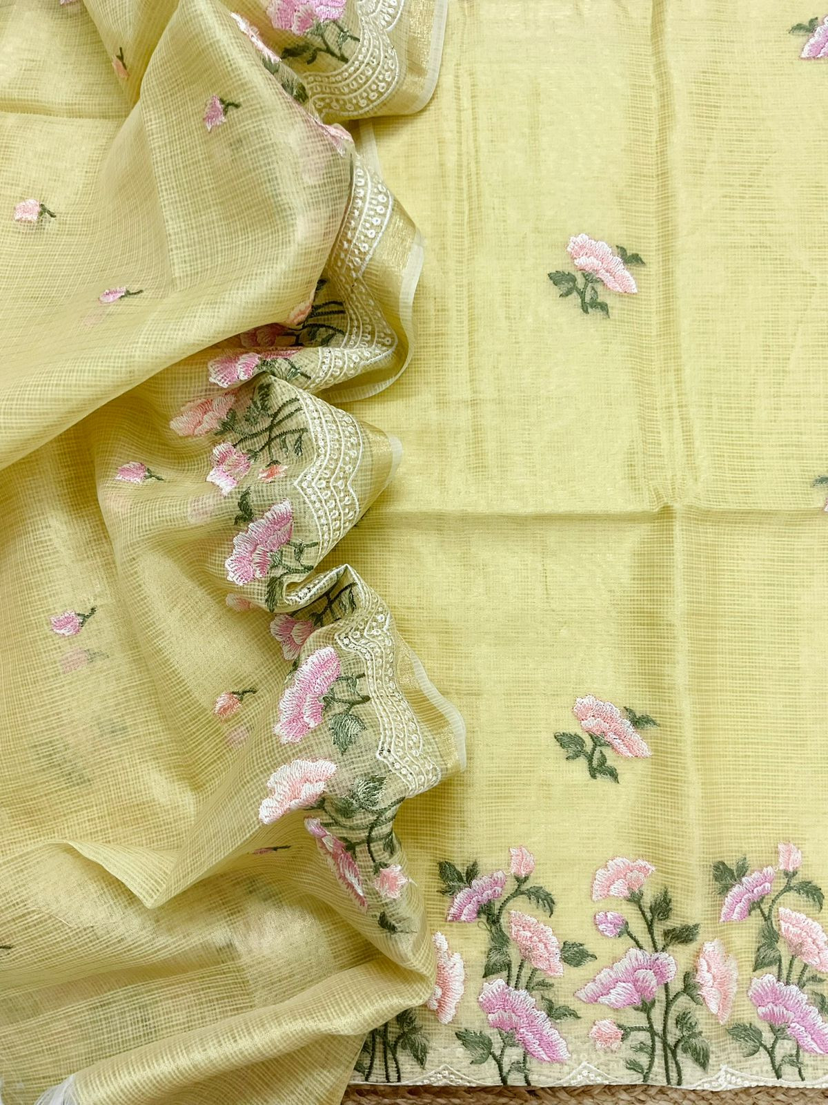 Soft Tissue Kota Silk Embroidered Suit - Yellow