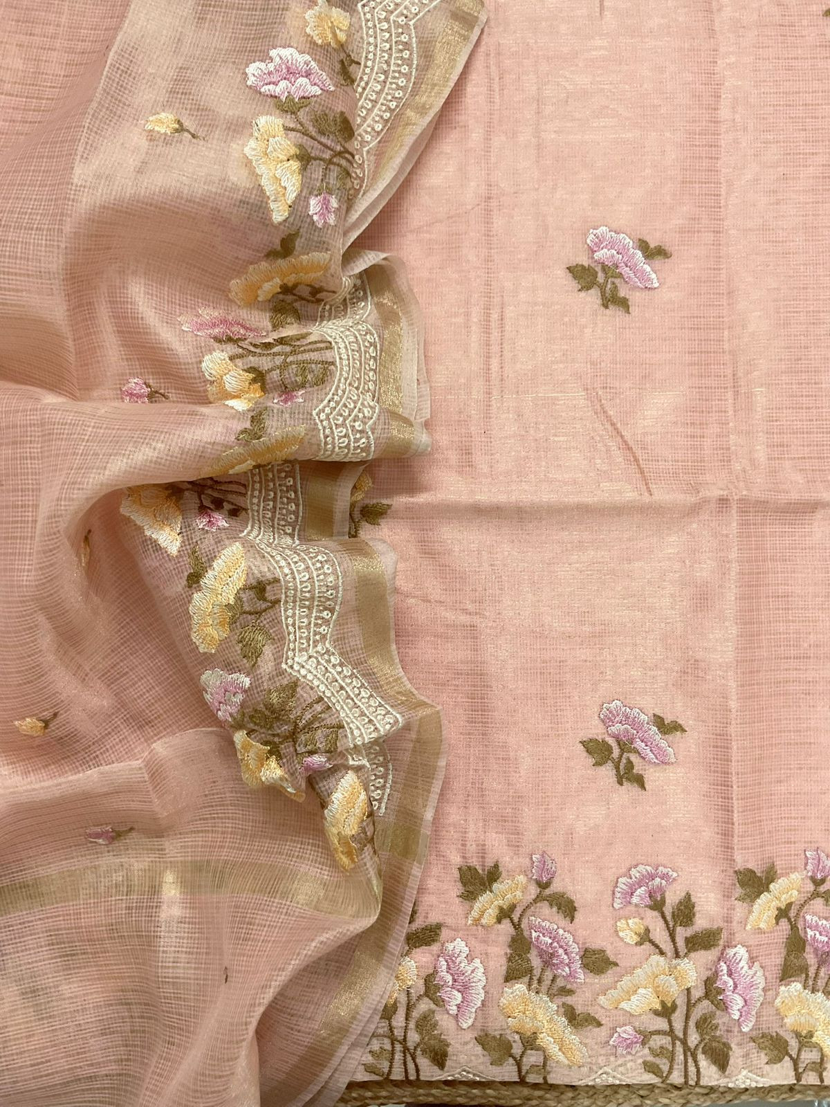 Soft Tissue Kota Silk Embroidered Suit - Peach