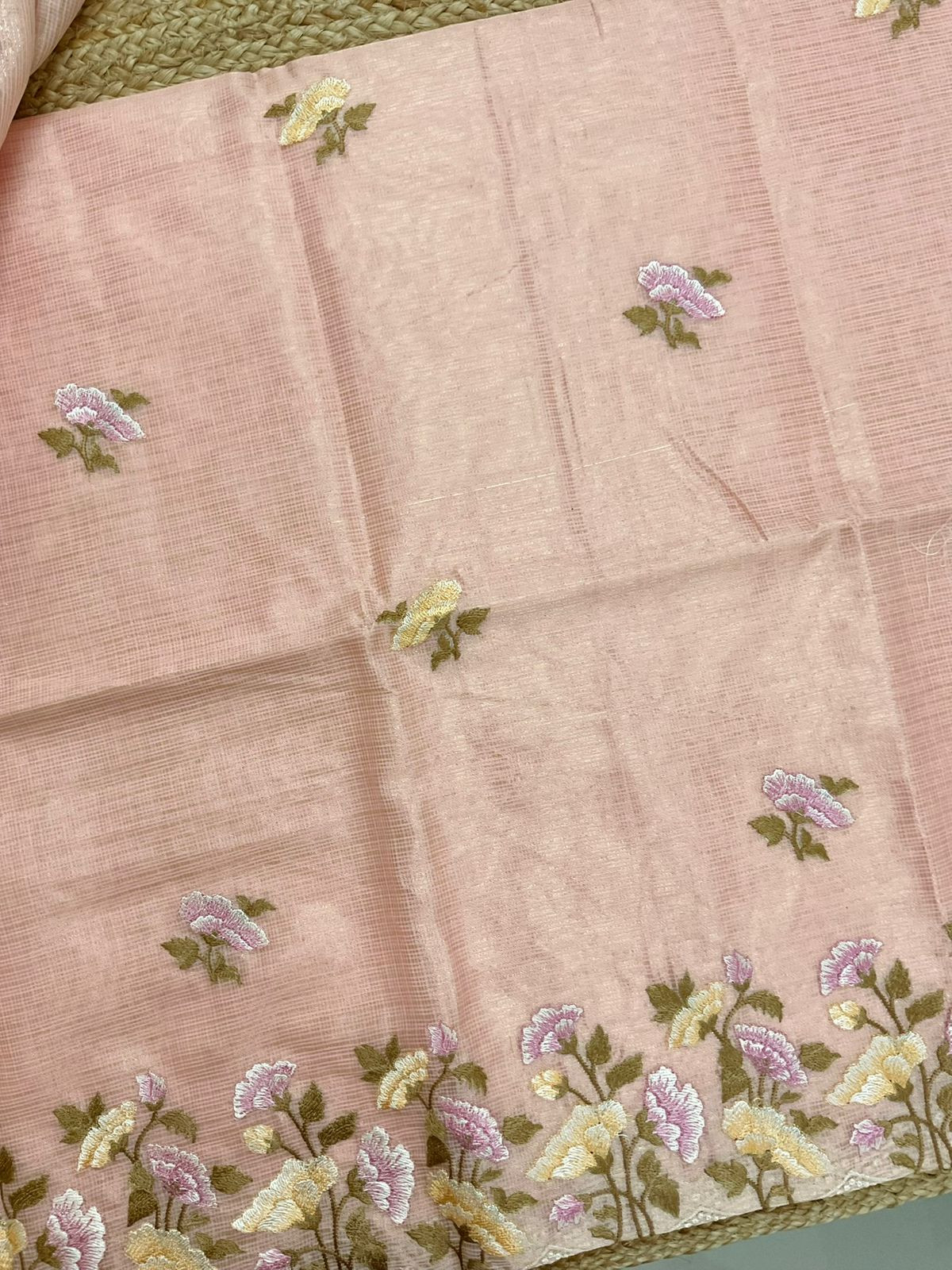 Soft Tissue Kota Silk Embroidered Suit - Peach