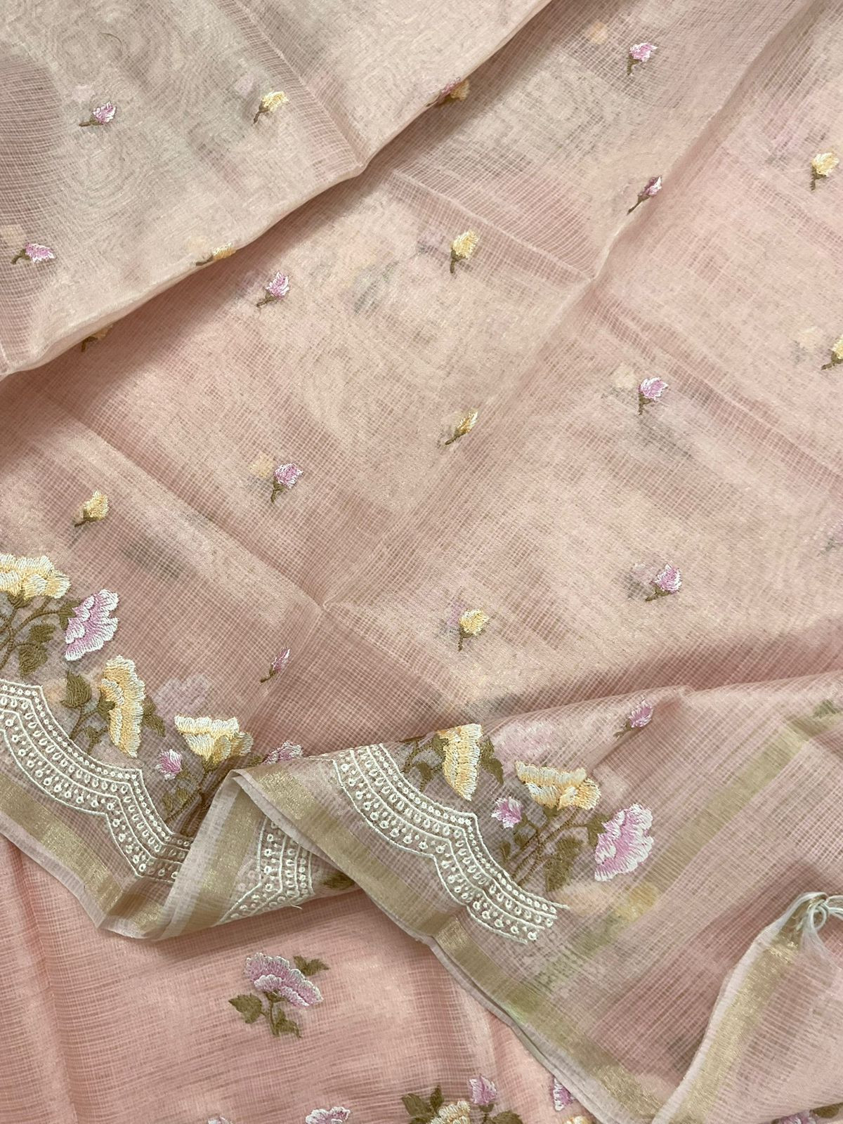 Soft Tissue Kota Silk Embroidered Suit - Peach