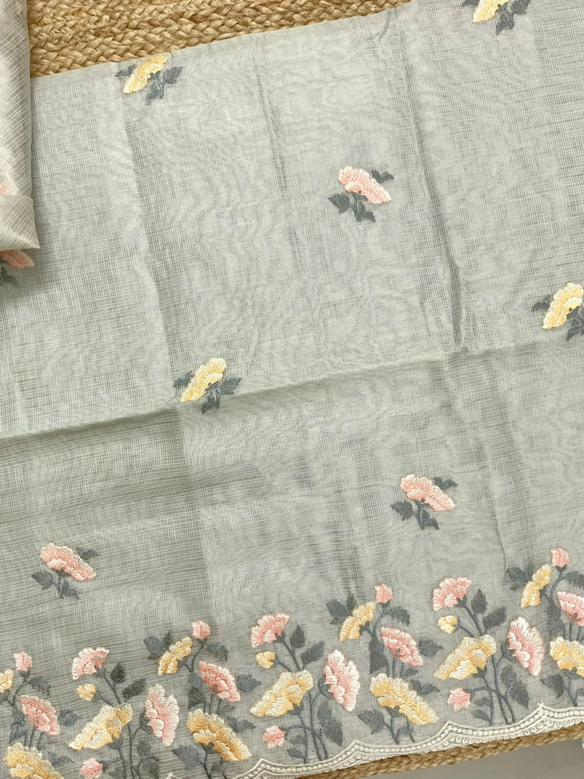 Soft Tissue Kota Silk Embroidered Suit - Grey