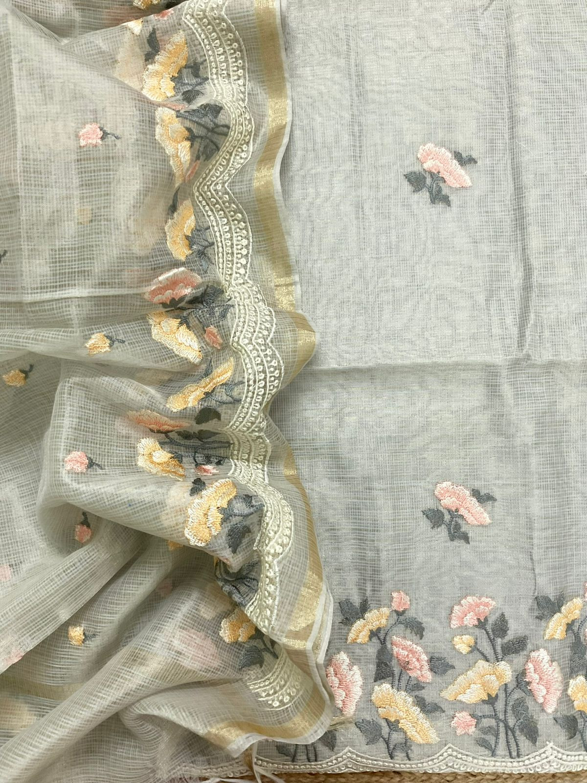 Soft Tissue Kota Silk Embroidered Suit - Grey