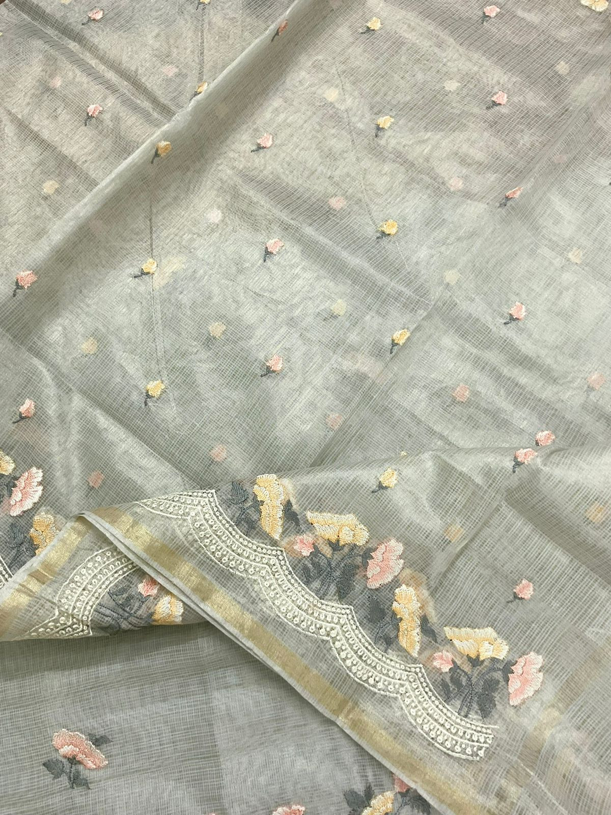 Soft Tissue Kota Silk Embroidered Suit - Grey
