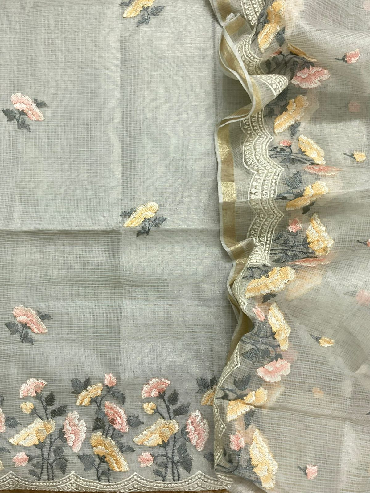 Soft Tissue Kota Silk Embroidered Suit - Grey