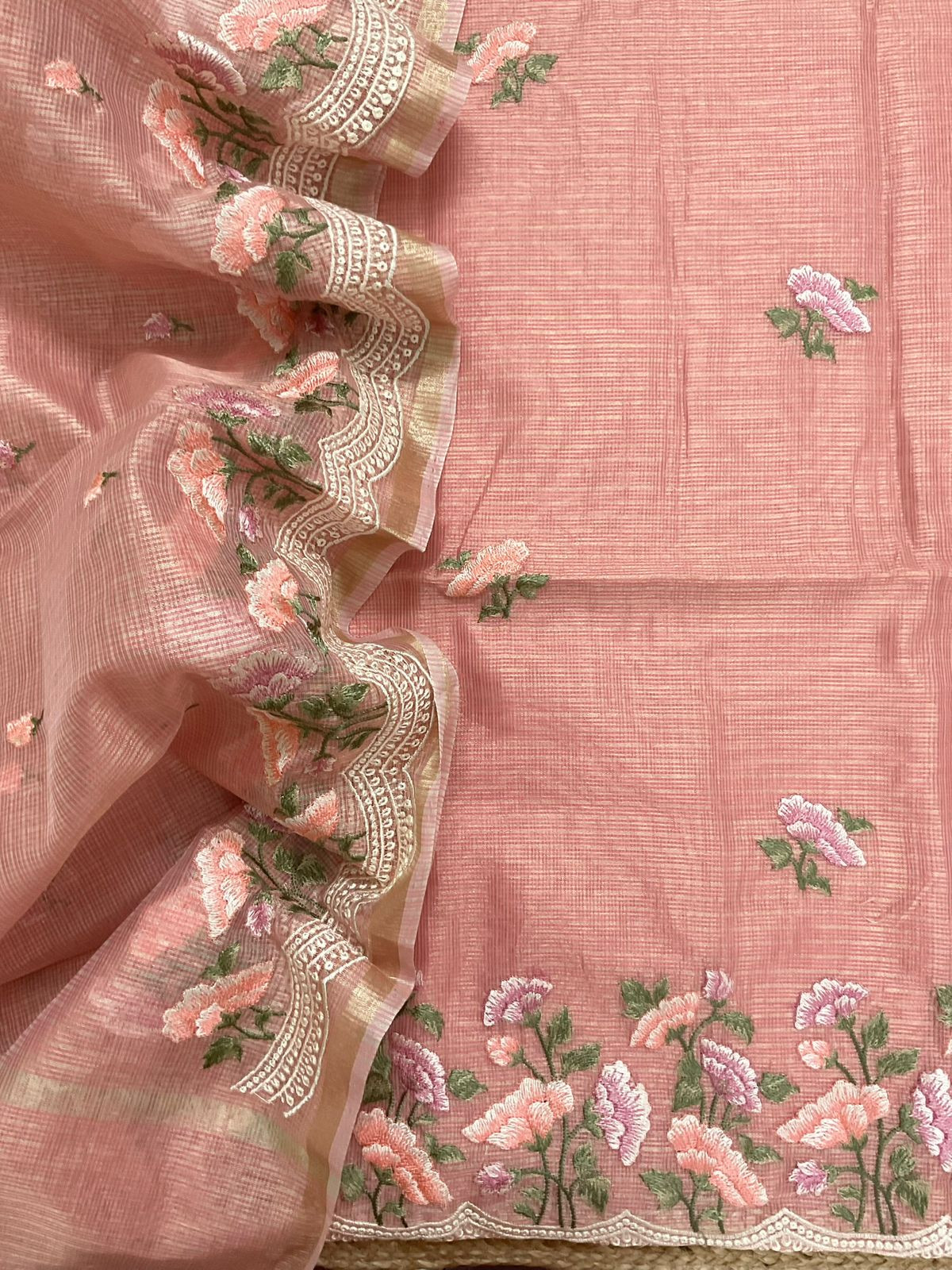 Soft Tissue Kota Silk Embroidered Suit - Dark Peach