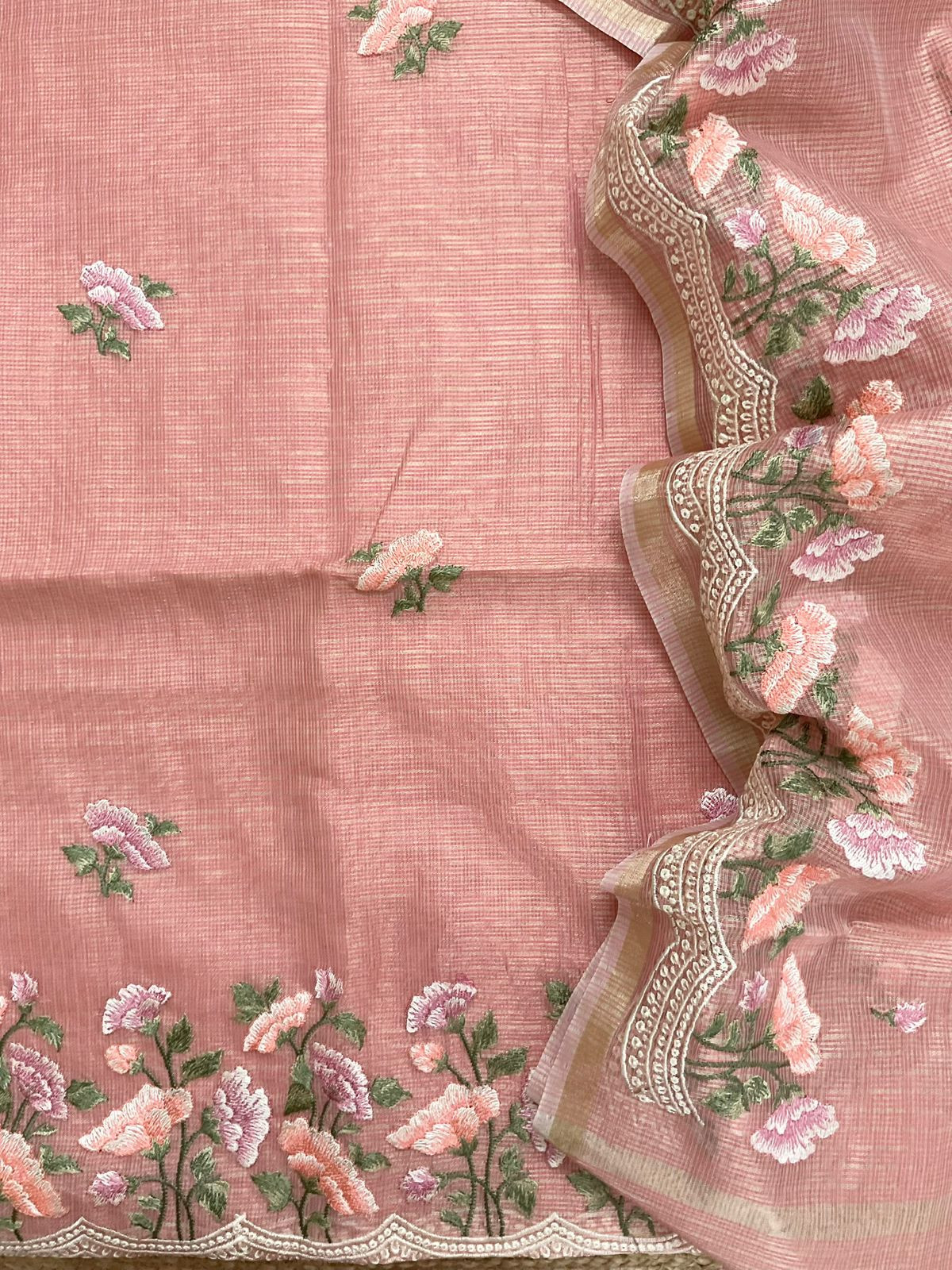 Soft Tissue Kota Silk Embroidered Suit - Dark Peach