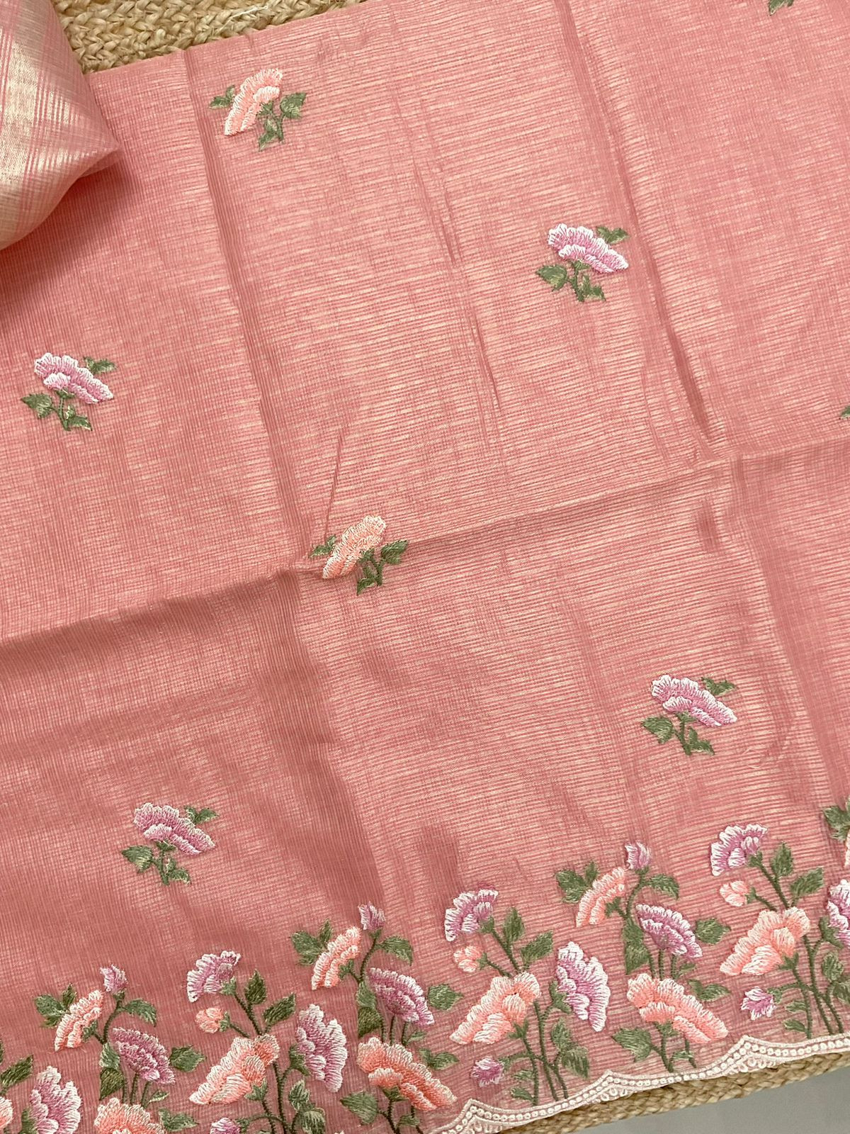 Soft Tissue Kota Silk Embroidered Suit - Dark Peach