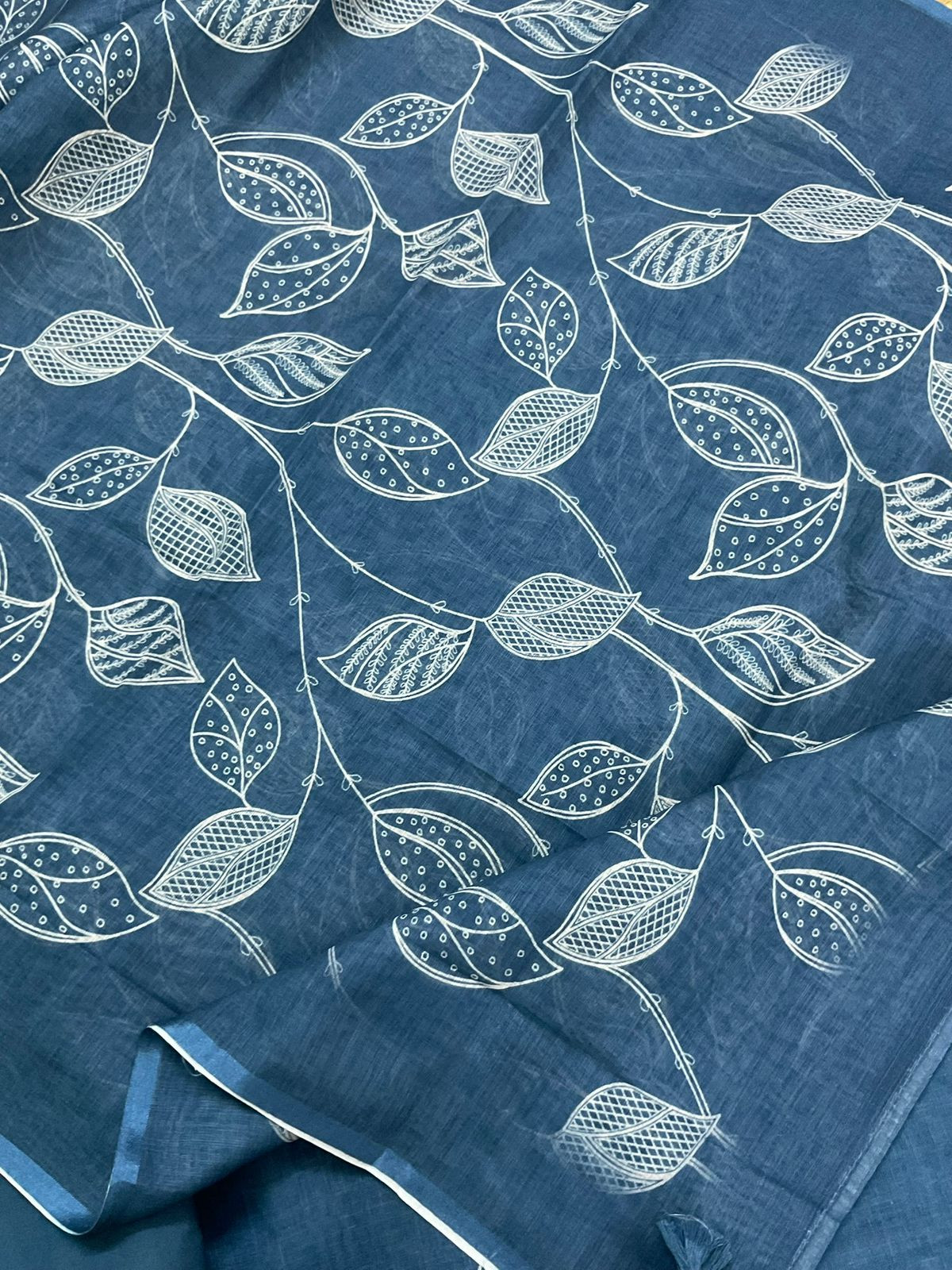 Soft Linen Jute Cotton Printed Embroidered Suit - Blue