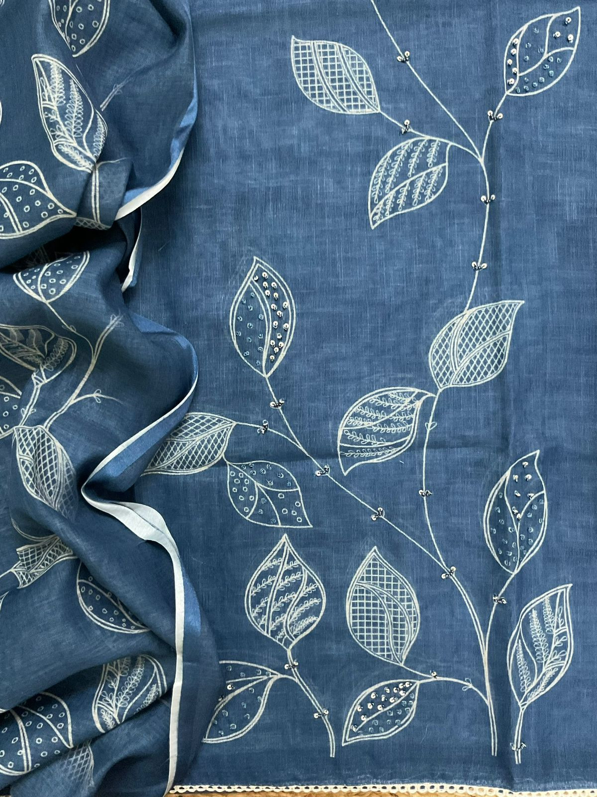 Soft Linen Jute Cotton Printed Embroidered Suit - Blue