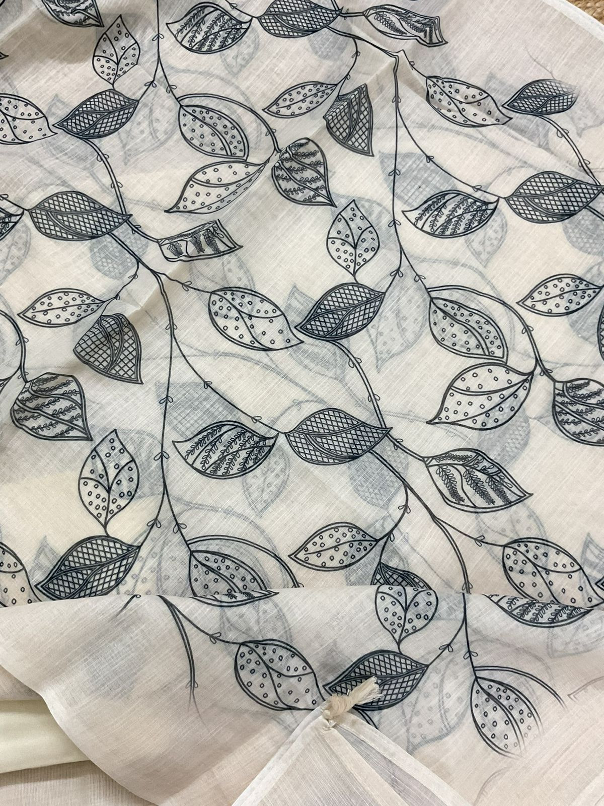 Soft Linen Jute Cotton Printed Embroidered Suit - Off White