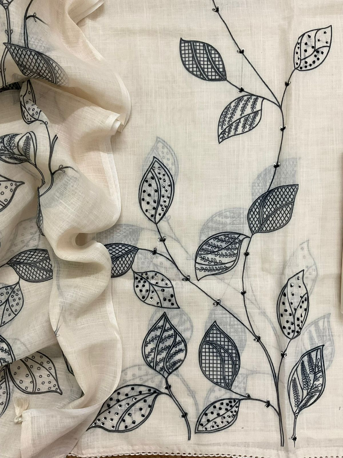 Soft Linen Jute Cotton Printed Embroidered Suit - Off White