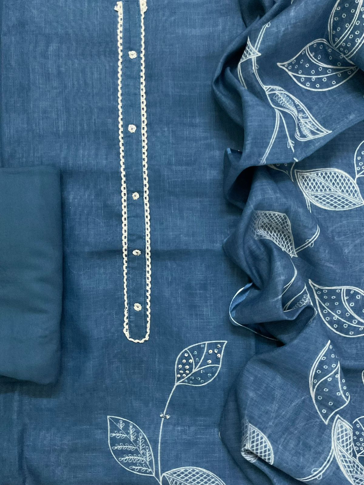 Soft Linen Jute Cotton Printed Embroidered Suit - Blue