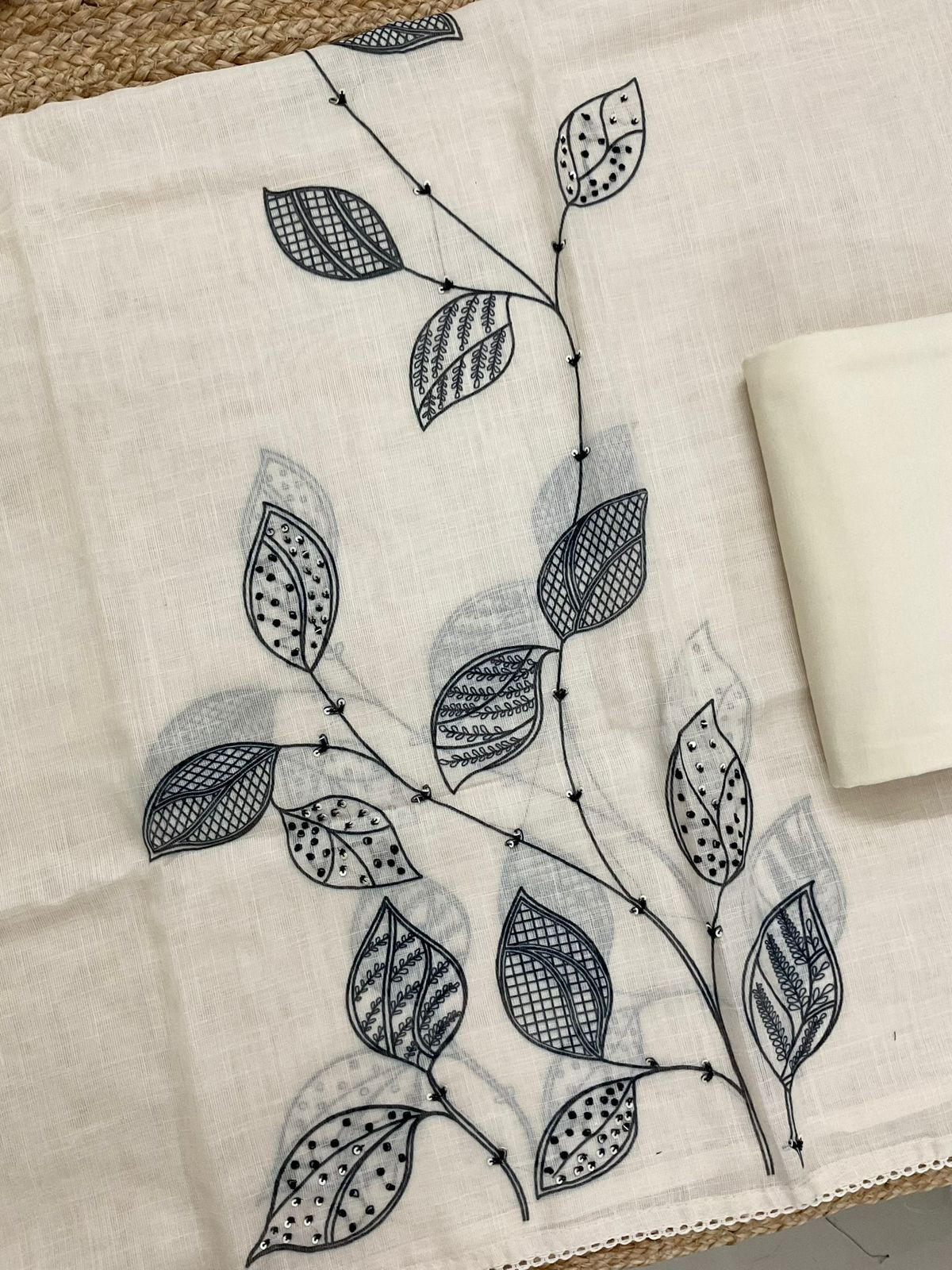 Soft Linen Jute Cotton Printed Embroidered Suit - Off White