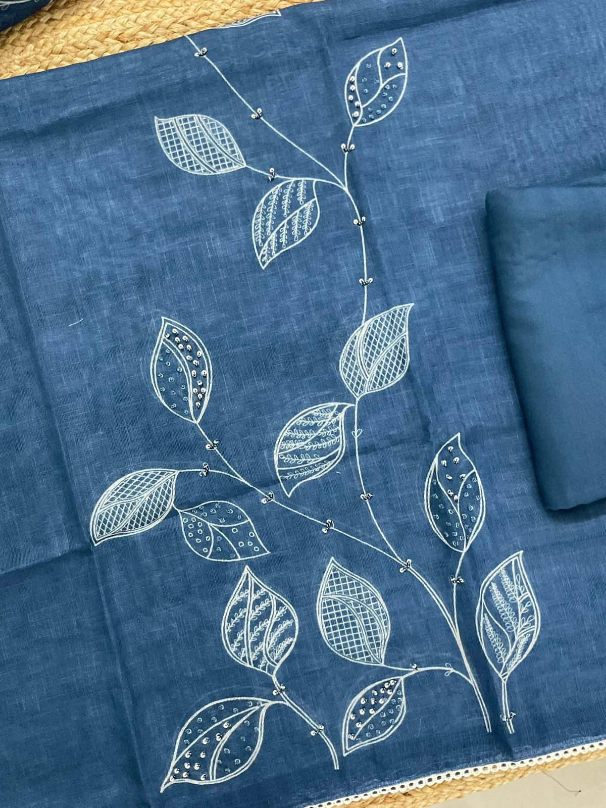 Soft Linen Jute Cotton Printed Embroidered Suit - Blue