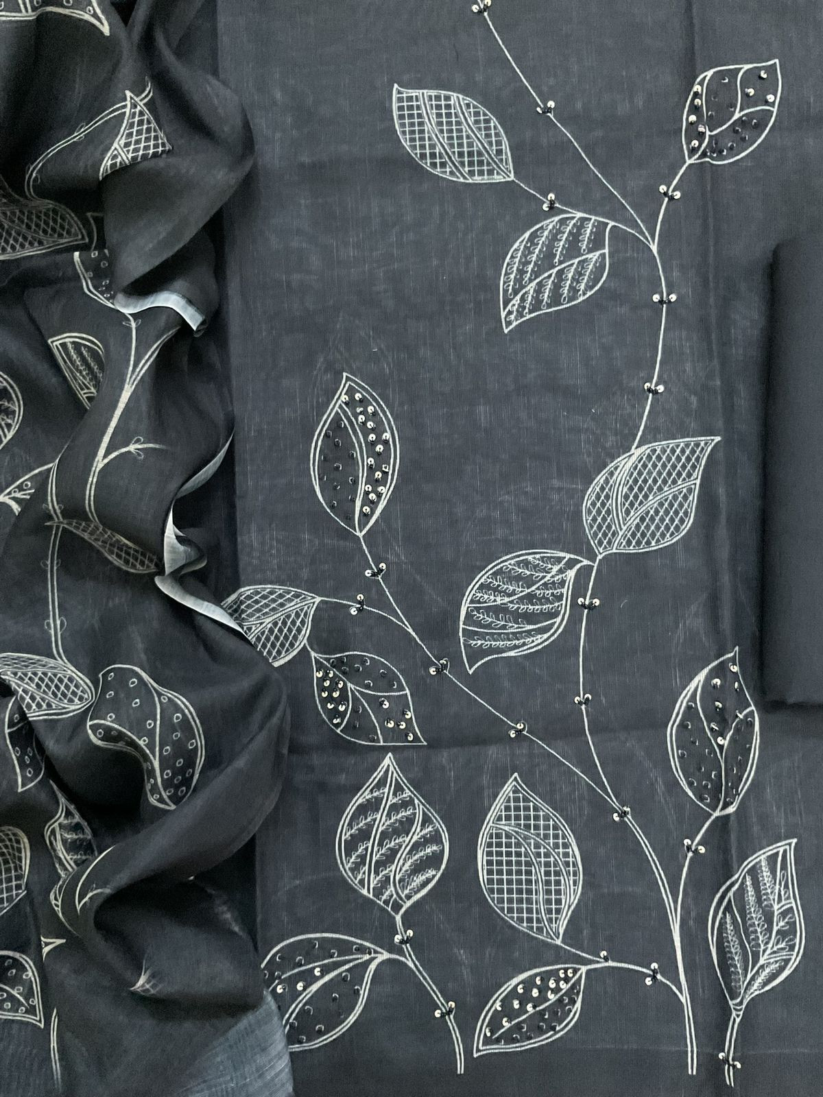 Soft Linen Jute Cotton Printed Embroidered Suit - Black